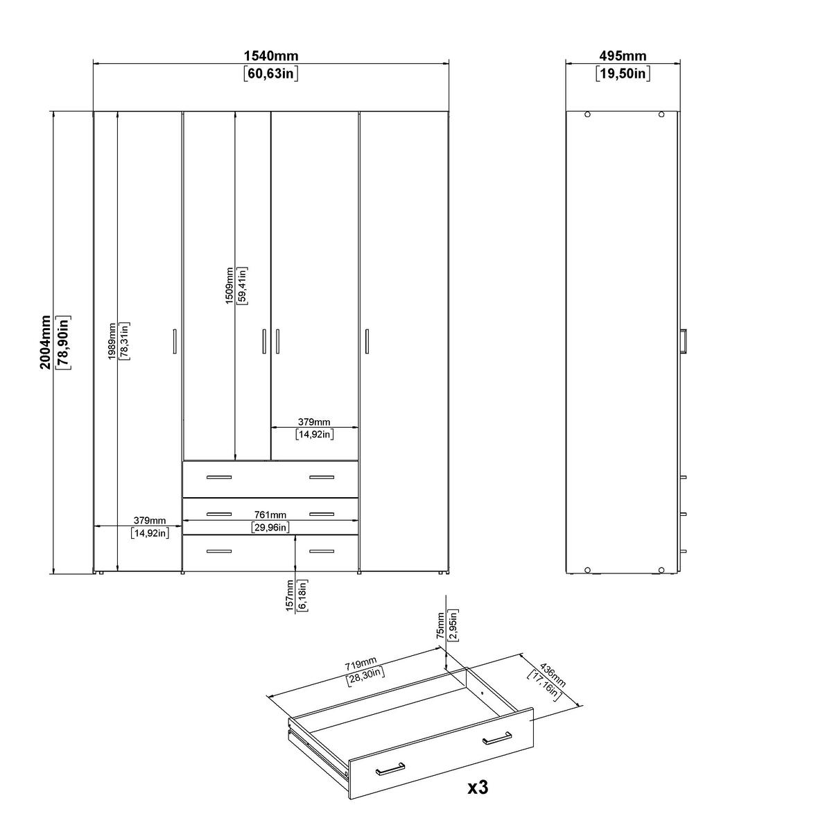 Ruhásszekrény Space 154/200cm - Sonoma tölgy, Konventionell, fa (154/200,4/49,5cm)