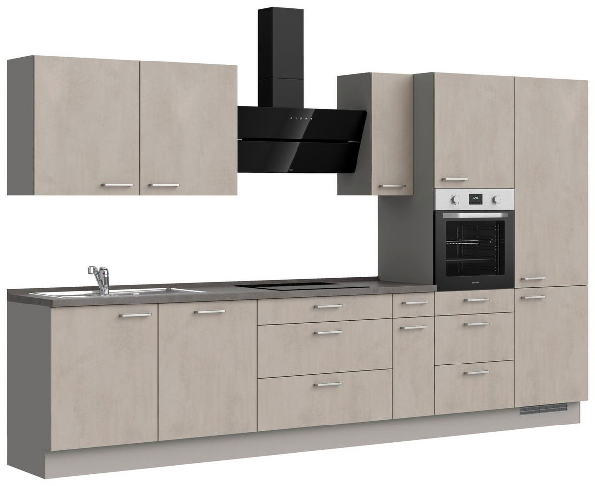 Kuchynská linka 360 cm, šedý betón/ kamenná šedá - sivá/farba ušľachtilej ocele, Modern, kov/kompozitné drevo (360cm) - Nobilia