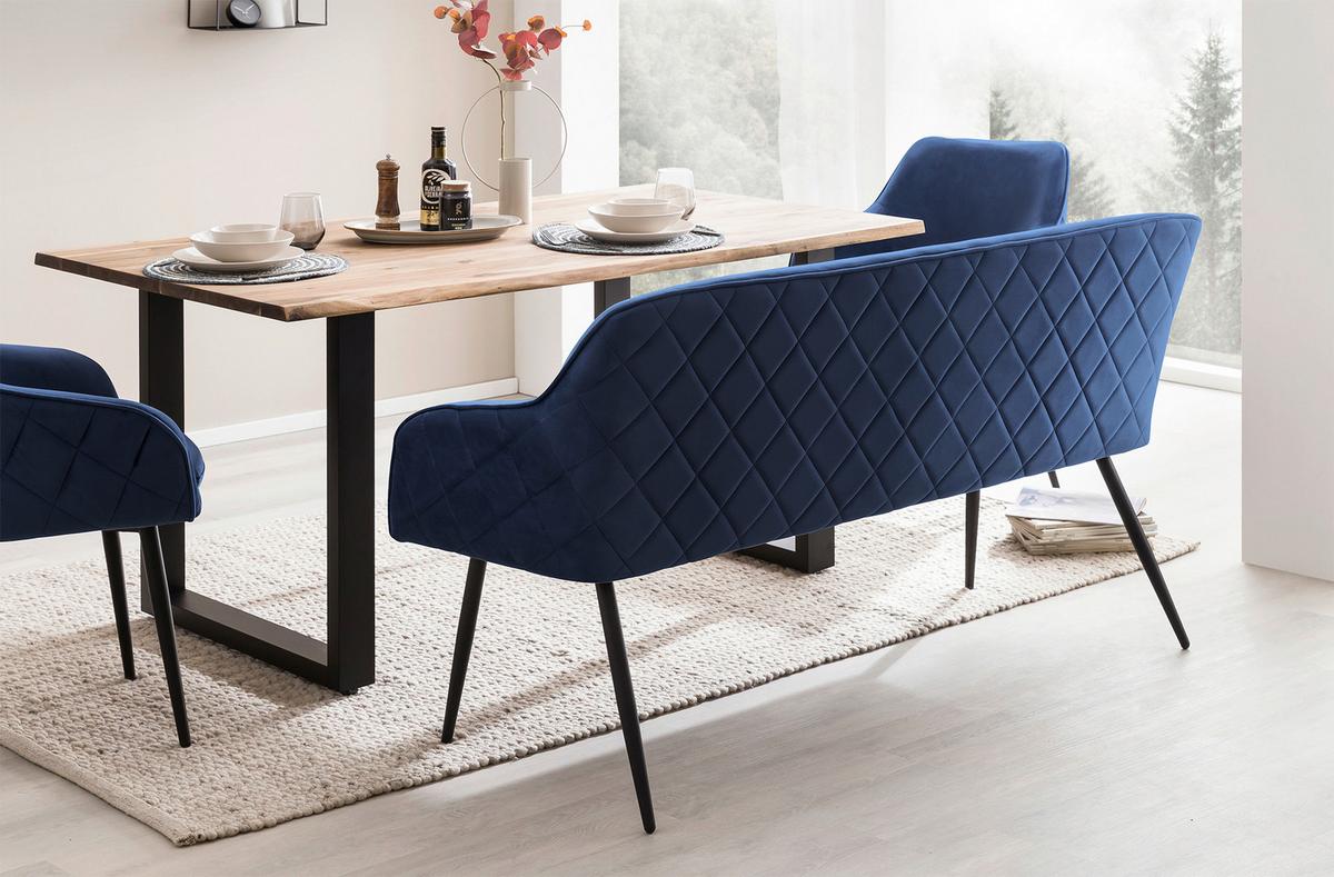 Tischgruppe Akazie Massiv/blau 6--Teilig. - Blau/Naturfarben, MODERN, Holz/Textil (200/100/76,5cm) - Livetastic