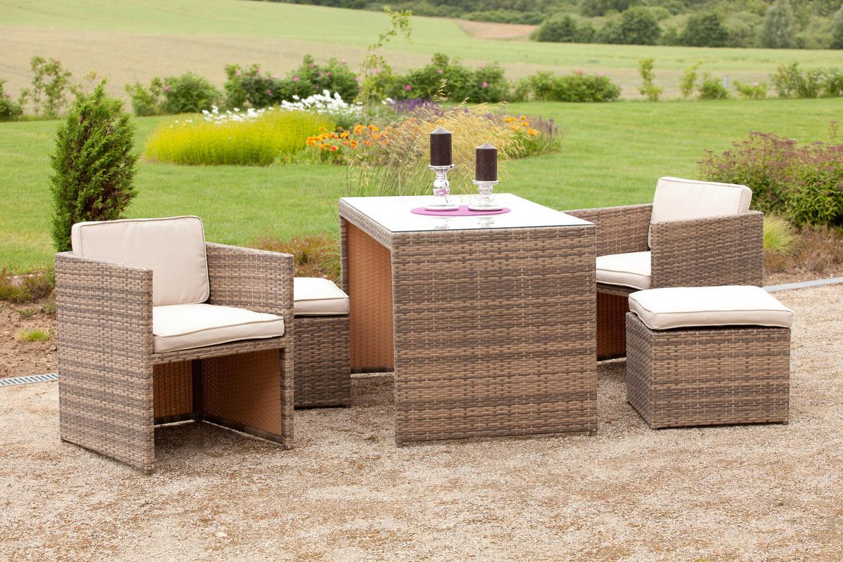 Gartengarnitur 11-Tlg Merano Kunststoff mit Kissen - Beige/Naturfarben, MODERN, Glas/Kunststoff - Gardenson