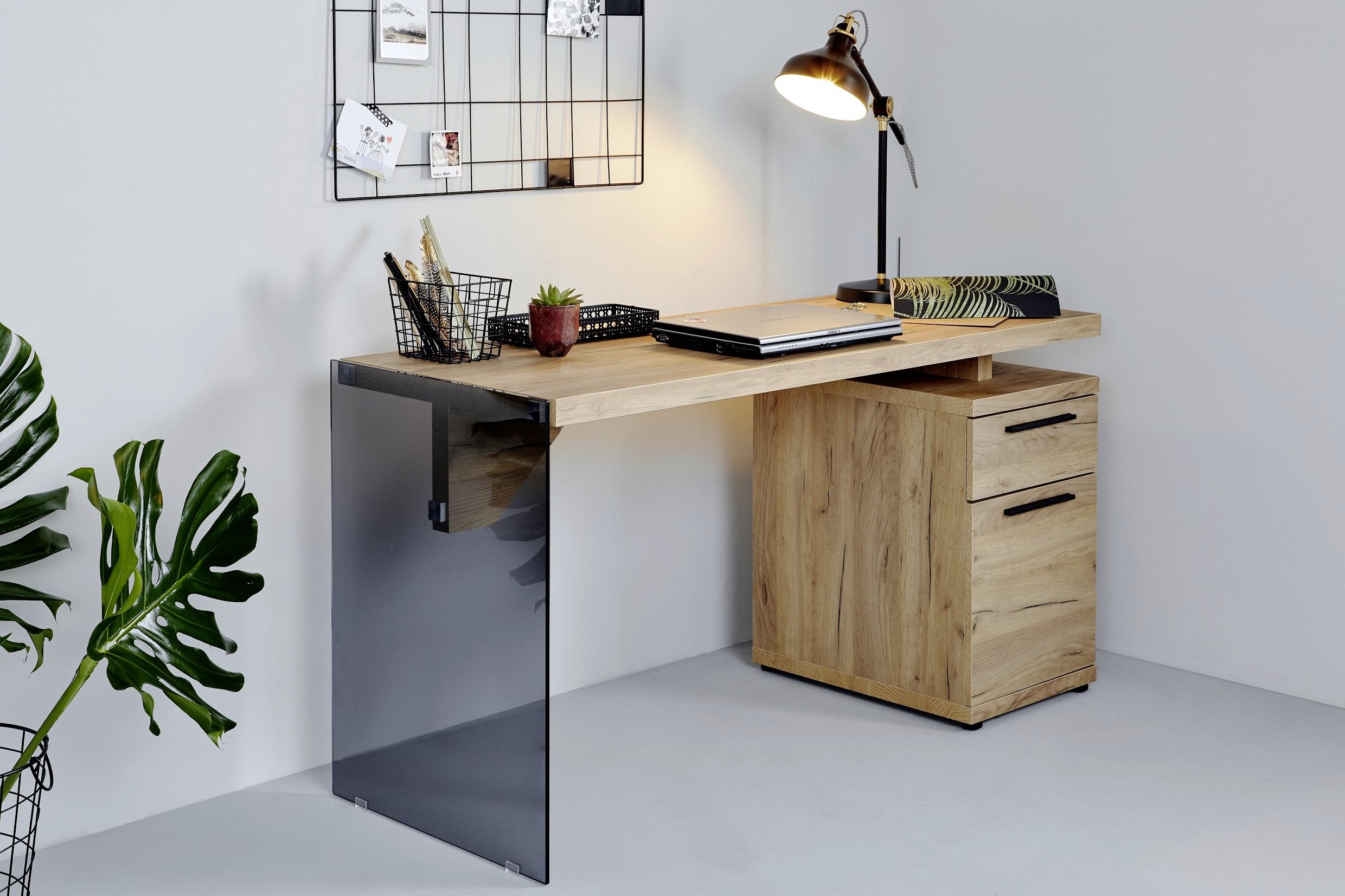 Schreibtisch B 74cm H 55cm Lux C 140, Eiche Deko - Transparent/Eichefarben, Design, Glas/Holzwerkstoff (141,8/74/55cm)