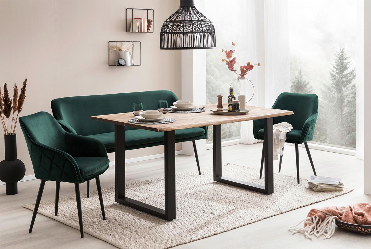 Tischgruppe Akazie Massiv/Waldgrün 6--Teilig. - Waldgrün/Naturfarben, MODERN, Holz/Textil (220/110/76,5cm) - Livetastic