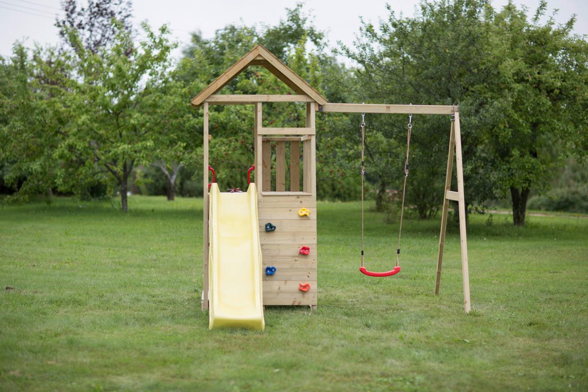 Spielturm Pelikan Gelb/naturfarben, B: 270 Cm - Gelb/Naturfarben, KONVENTIONELL, Holz (270/270/280cm)