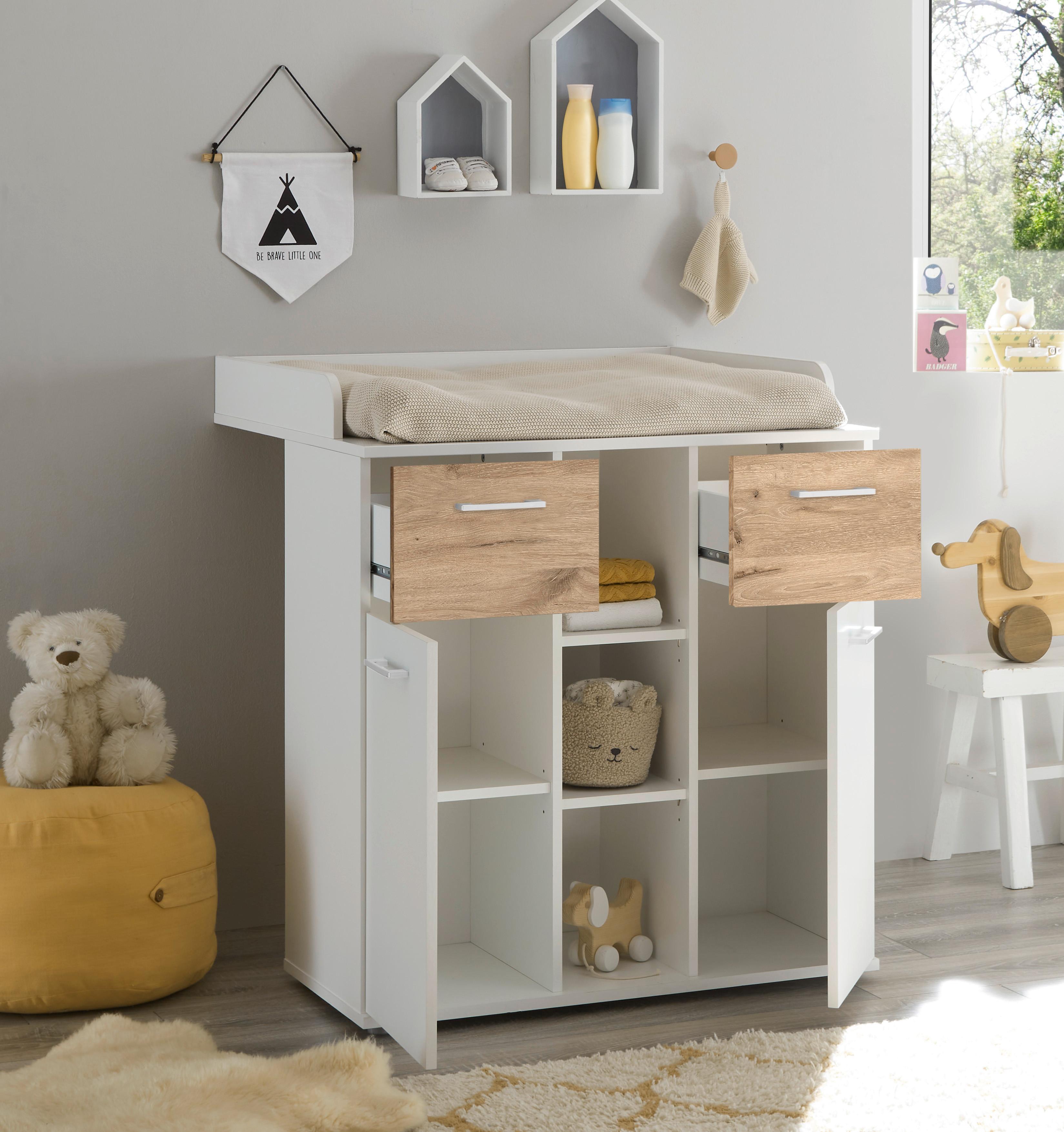 Wickelkommode Alex B: 89 cm Weiß Dekor 2 Türen - Eichefarben/Weiß, KONVENTIONELL, Holzwerkstoff (89/101/78cm)