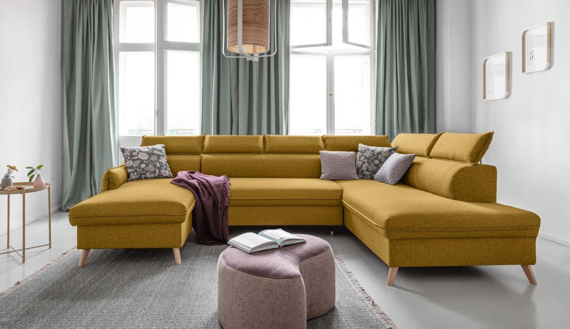 Rozkladacia sedačka Simone, pravé prevedenie - horčicovožltá/prírodná farba, Modern, drevo/textil (321/82/95/208cm)