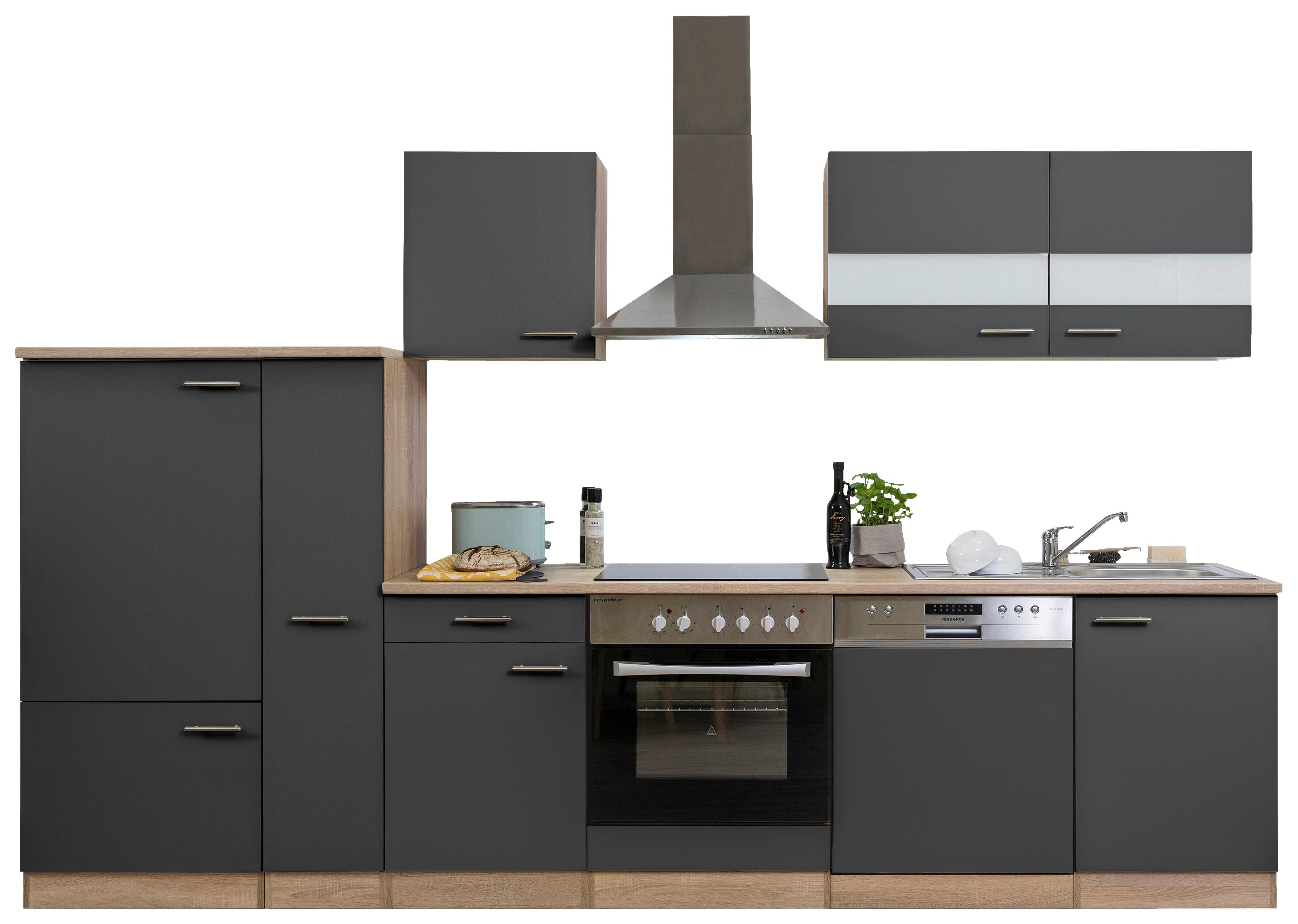 Küchenzeile ohne Geräte B: 310 cm Grau/Eiche Dekor - Eichefarben/Grau, Basics, Holzwerkstoff (310cm) - Respekta