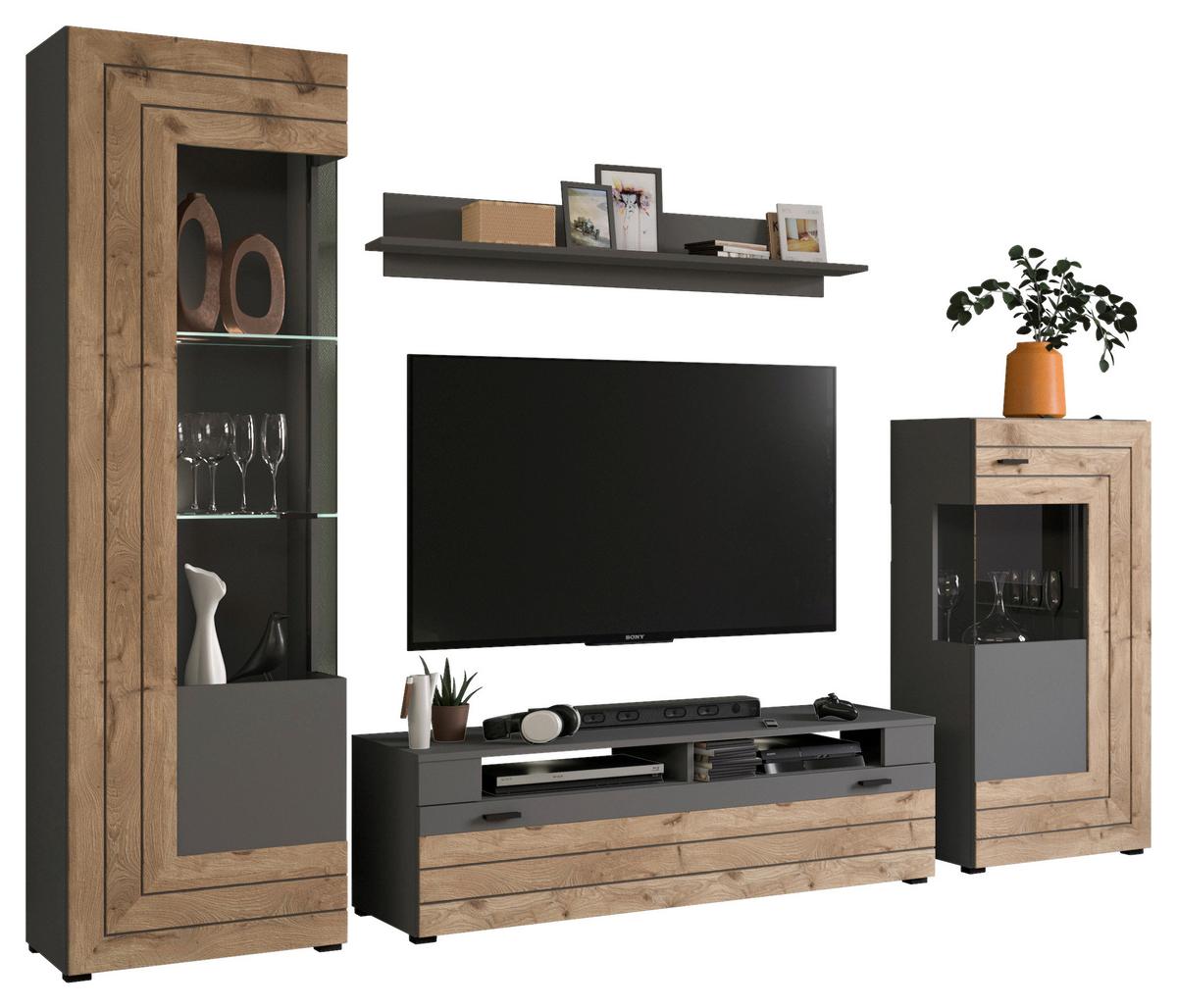 Wohnwand Freno Nox Oak B: 290 Cm - KONVENTIONELL, Glas/Holzwerkstoff (290/195/40cm) - MID.YOU