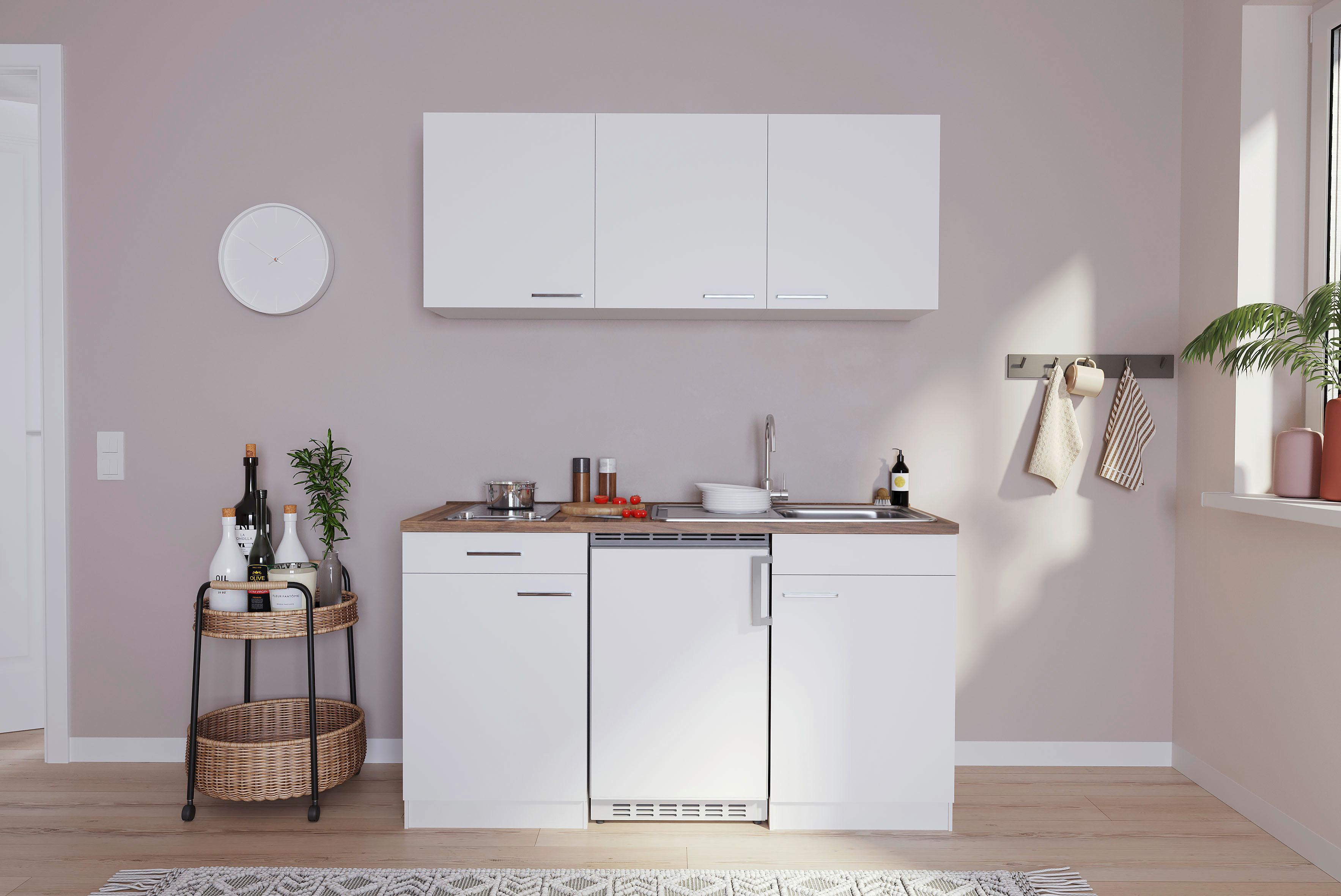 Miniküche Economy mit Geräten 150 cm Weiß/ Nussbaum Dekor