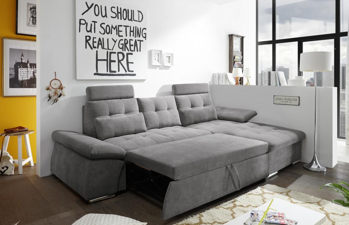 Ecksofa mit Schlaffunktion Nalo Longchair, Webstoff - Silberfarben/Grau, KONVENTIONELL, Holzwerkstoff/Textil (268/170cm) - MID.YOU