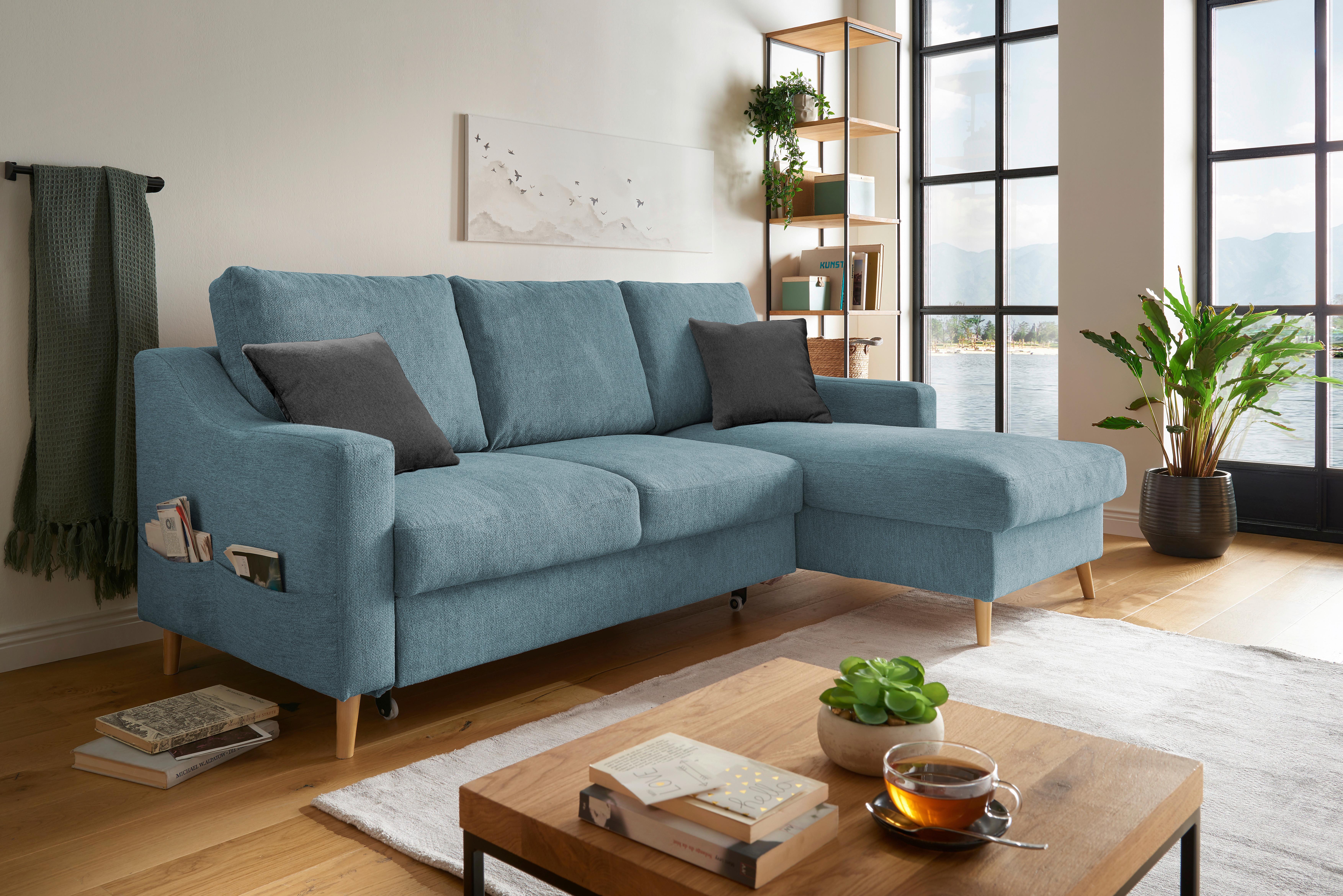 Ecksofa Valentina Blau S: 228/150 cm - Blau/Schwarz, Design, Textil (228/150cm) - MID.YOU