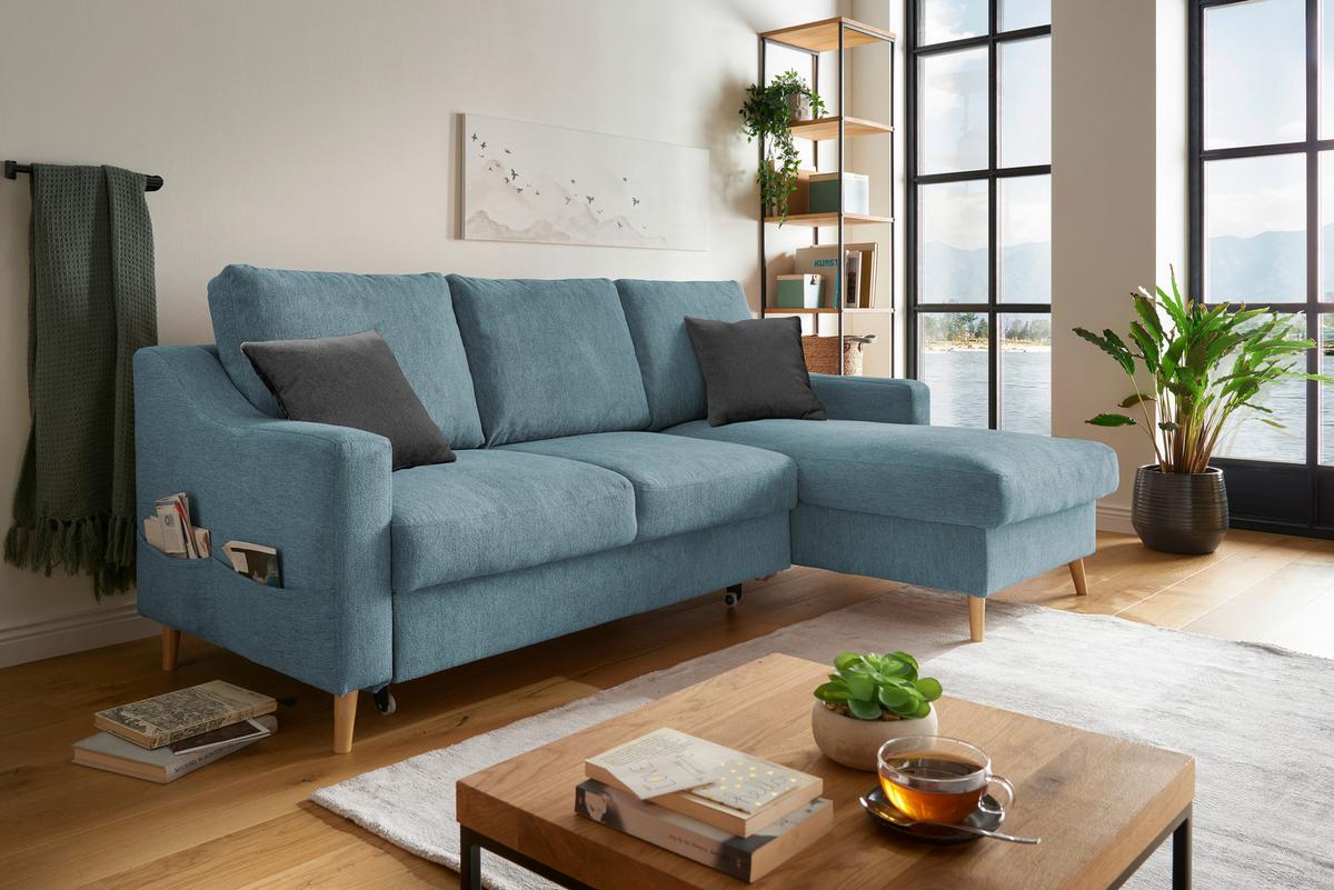 Ecksofa Valentina Blau S: 228/150 cm - Blau/Schwarz, Design, Textil (228/150cm) - MID.YOU
