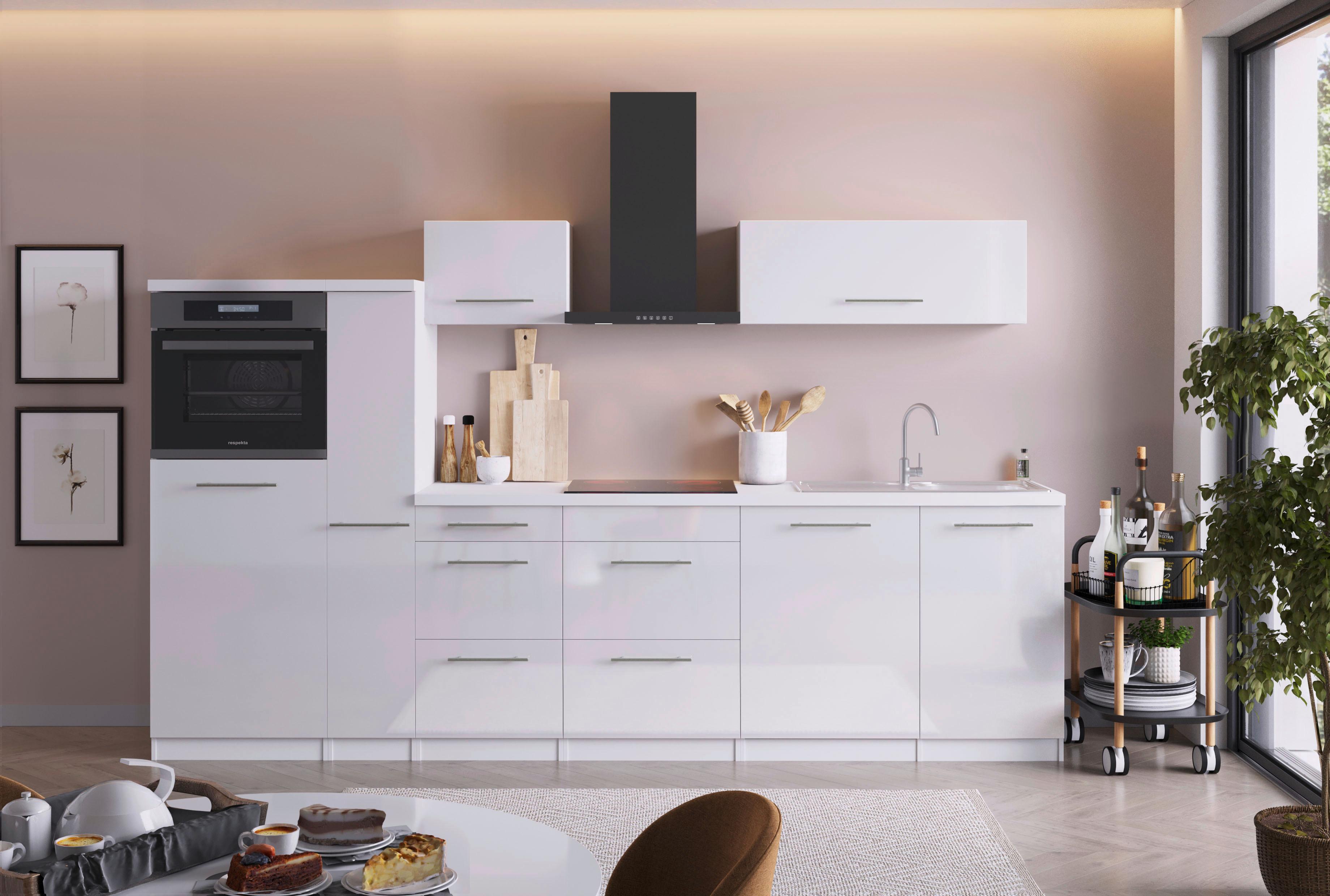 Küchenzeile mit Geräten B: 310 cm Weiß Hochglanz - Weiß Hochglanz/Weiß, Design, Holzwerkstoff (310cm) - Respekta