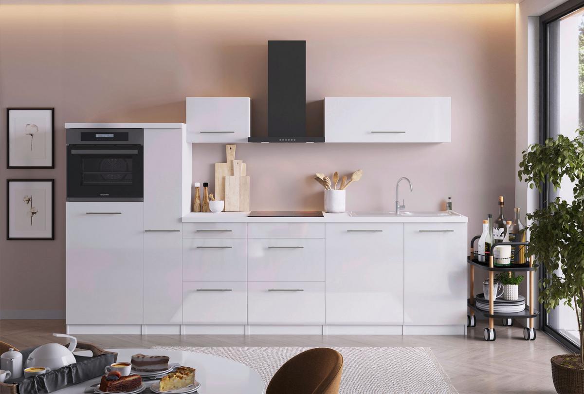 Küchenzeile Mit Geräten B: 310 Cm Weiß Hochglanz - Weiß Hochglanz/Weiß, Design, Holzwerkstoff (310cm) - Respekta