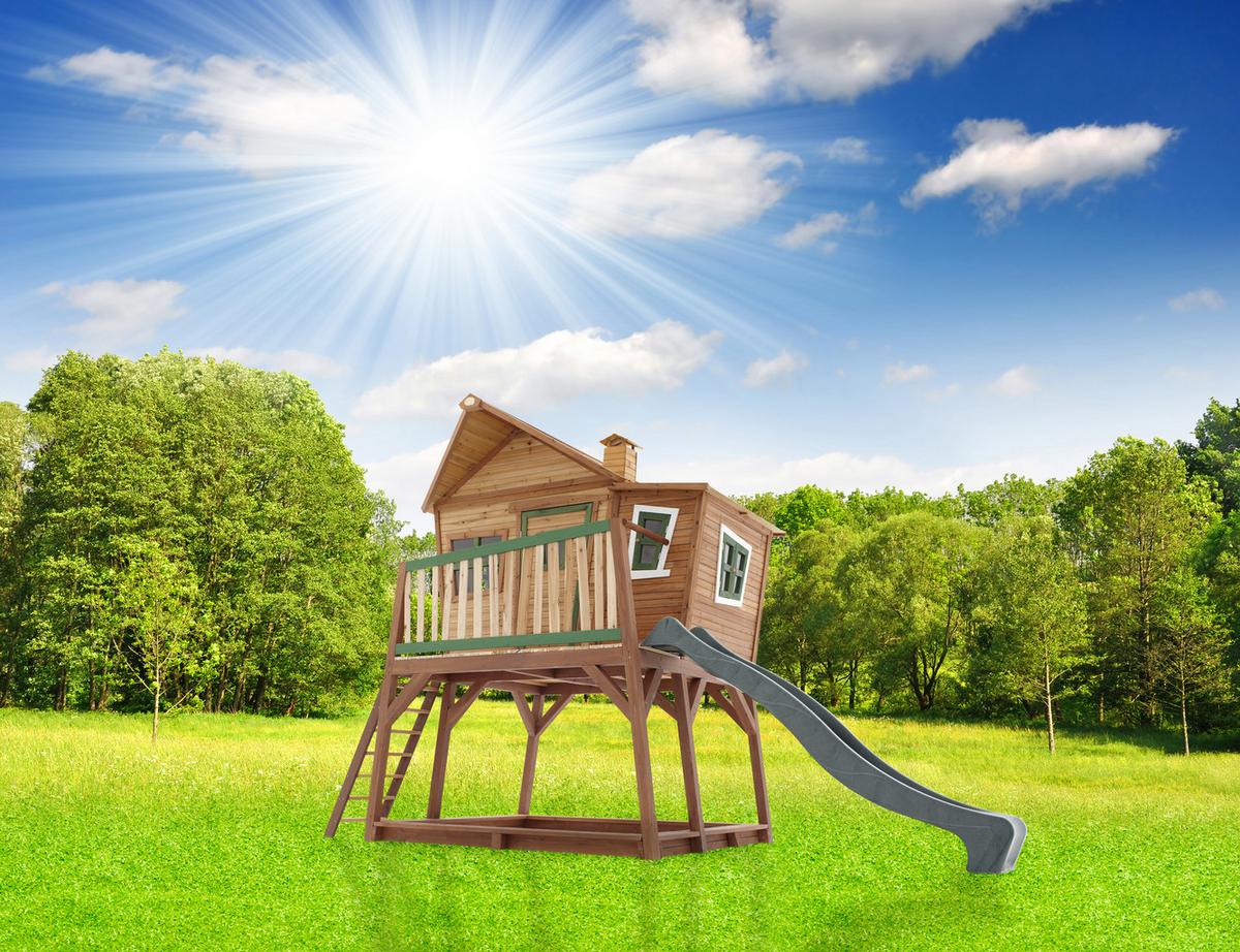 Spielhaus Holz Mit Rutsche Und Kletterwand Braun Grün Max - Braun/Naturfarben, KONVENTIONELL, Holz (435/291/180cm) - Ambia Garden