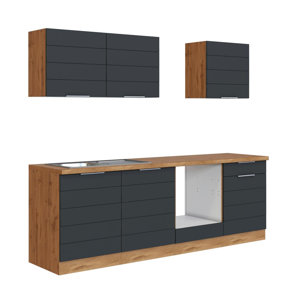Küchenzeile Florenz ohne Geräte 240 cm Grau/Eichefarben - Eiche Wotan/Grau, Design, Holzwerkstoff (240cm) - Held