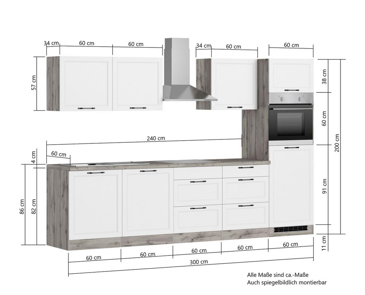 Küchenzeile Meran mit Geräten B: 300 cm Weiß/Eiche Dekor - Eiche Wotan/Weiß, LIFESTYLE, Holzwerkstoff (300cm) - Held