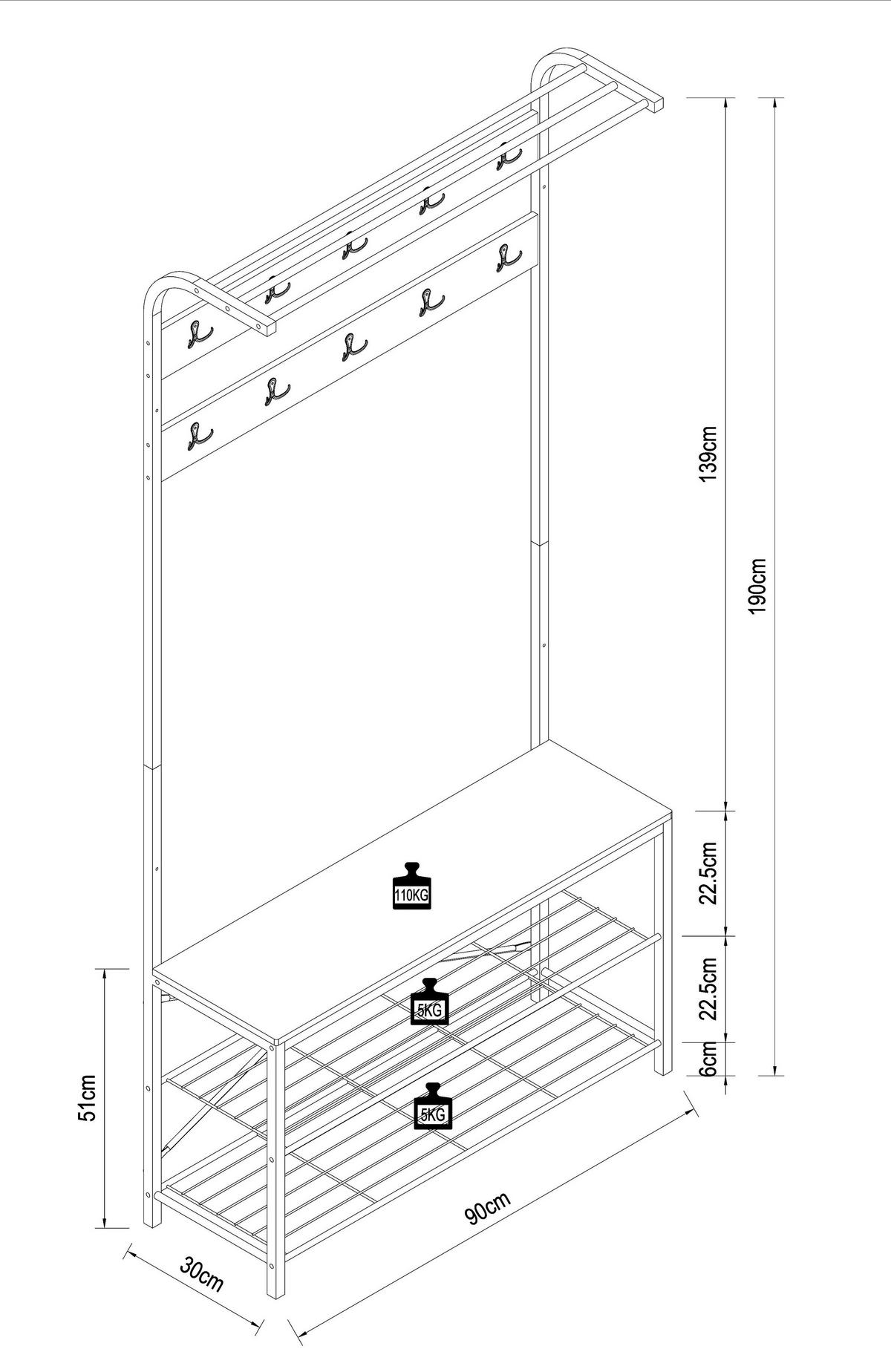 Garderobe Taliro Schwarz Honigeiche Dekor - Honigeiche/Schwarz, Design, Holzwerkstoff/Metall (90/190/30cm) - MID.YOU