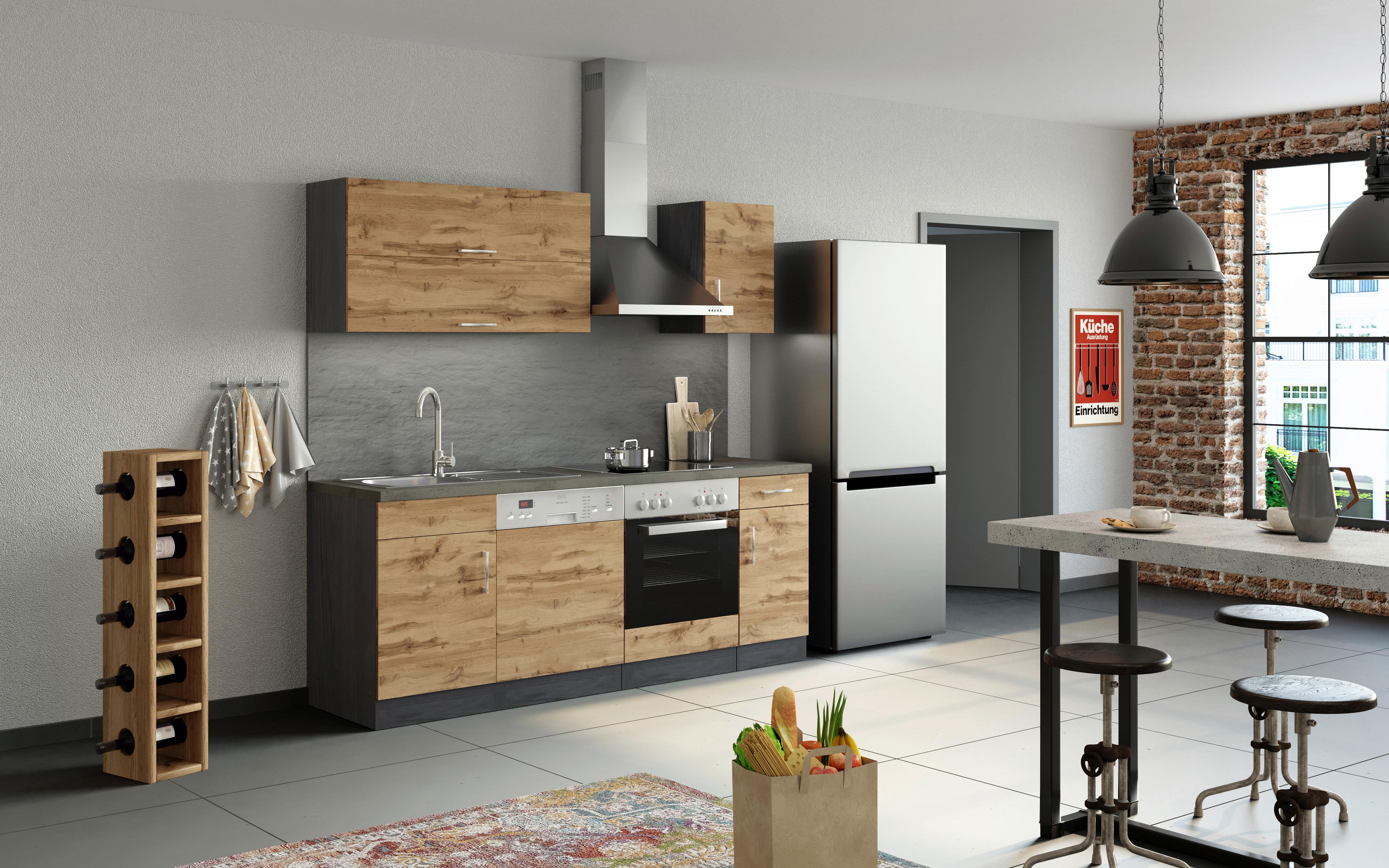 Küchenzeile Sorrento Mit Geräten 210 Cm Eichefarben - Schieferfarben/Eiche Wotan, MODERN, Holzwerkstoff (210cm) - Held