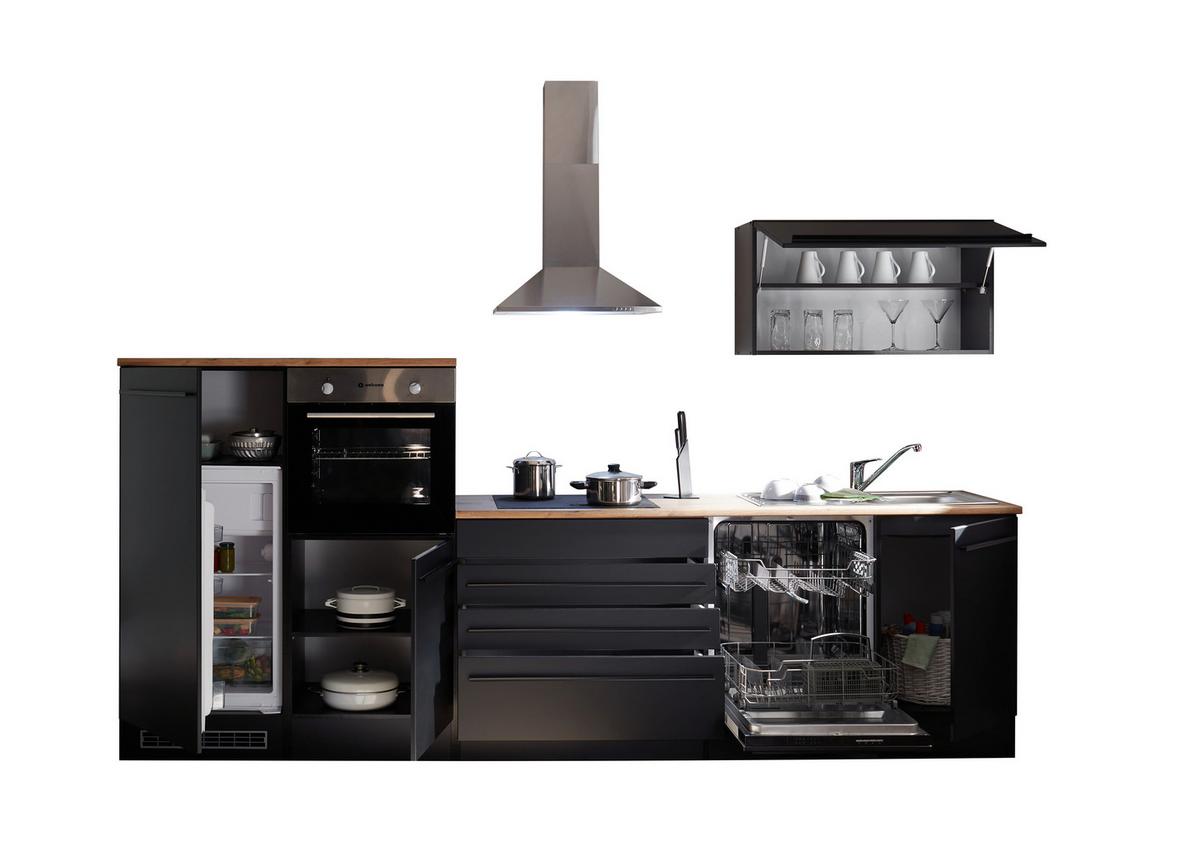 Küchenzeile Jazz 4 mit Geräten 320 cm Schwarz - Eichefarben/Schwarz, Basics, Holzwerkstoff (320cm) - P & B