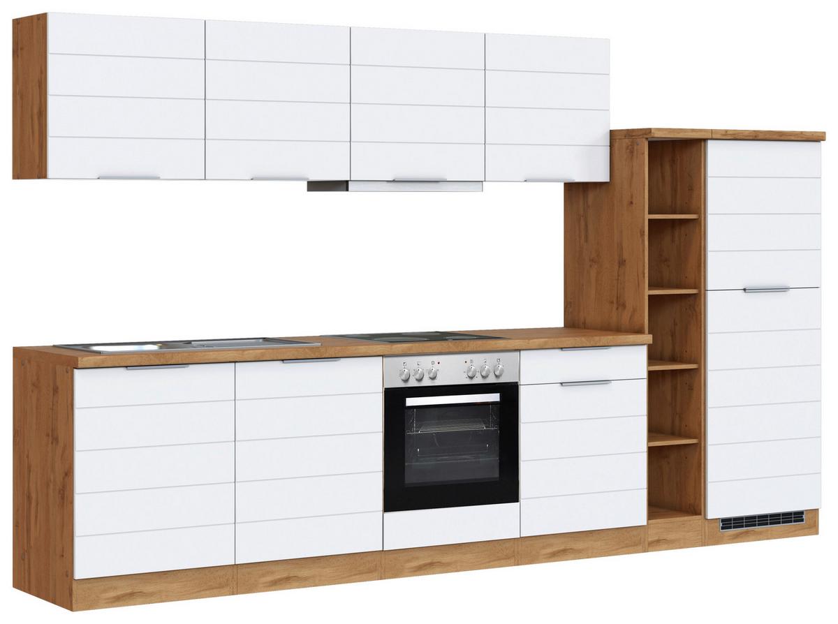 Küchenzeile Florenz mit Geräten 330 cm Weiß/Eichefarben - Eiche Wotan/Weiß, Design, Holzwerkstoff (330cm) - Held