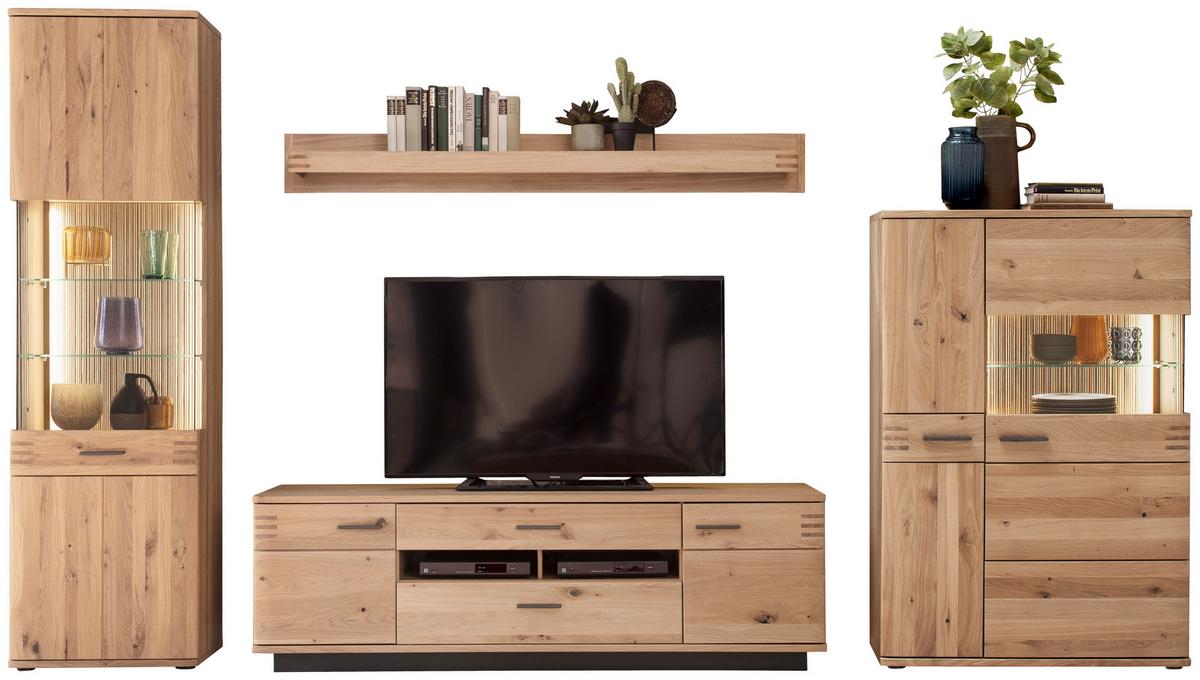 Wohnkombination teilmassiv 4--teilig. Salvador Eichefarben - Eichefarben/Schwarz, Design, Glas/Holz (350/208/50cm) - Livetastic