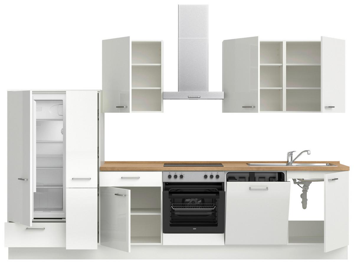 Kuchyňská linka 330 cm, alpská bílá vysoký lesk - bílá/barvy dubu, Moderní, kov/kompozitní dřevo (330cm) - Nobilia
