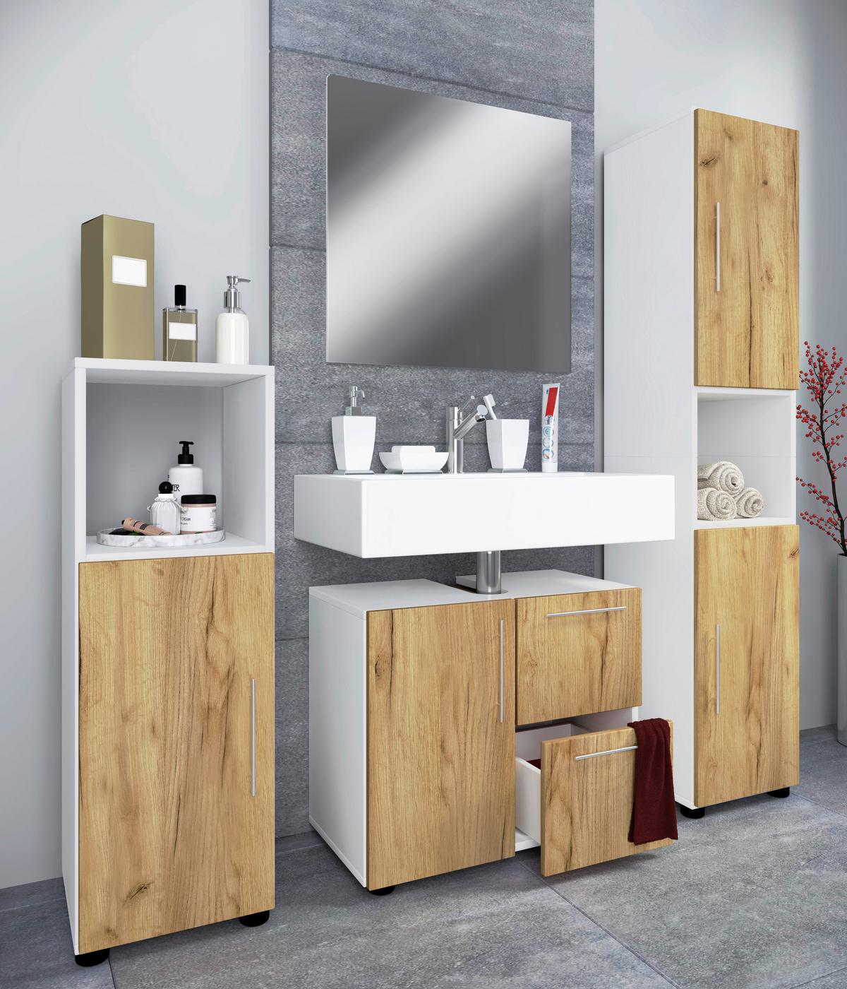 Badmöbel-Set 4-Tlg. Flandu 100cm Honig-Eiche - Honigeiche/Schwarz, MODERN, Holzwerkstoff (123cm) - MID.YOU
