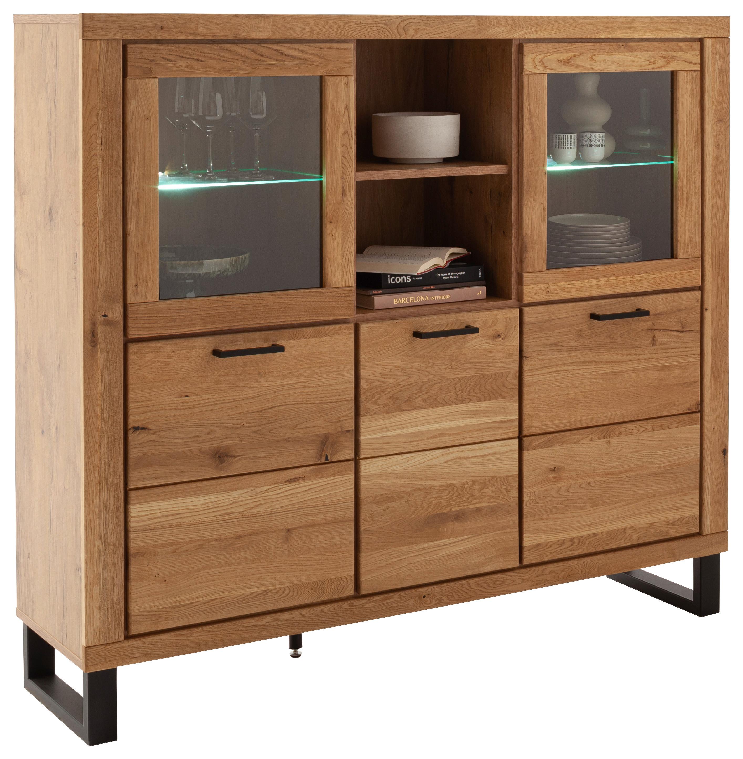 Highboard Kambo Wildeiche 5 Türen - Wildeiche/Schwarz, ROMANTIK / LANDHAUS, Glas/Holz (158,5/140/40cm)