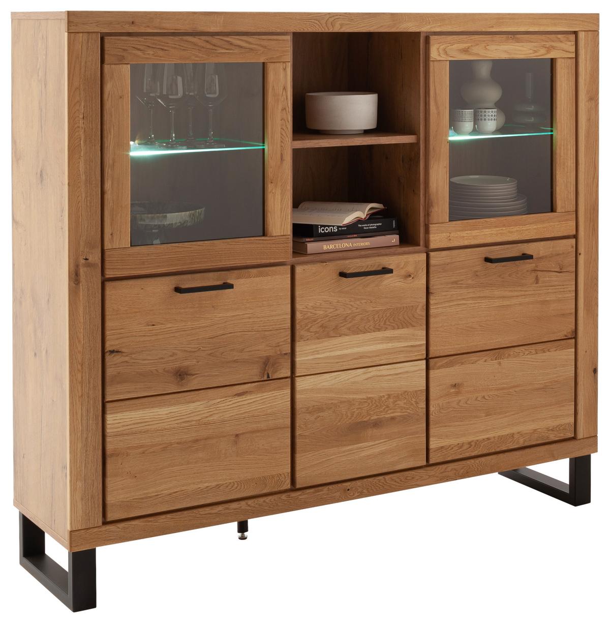 Highboard Kambo Wildeiche 5 Türen - Wildeiche/Schwarz, ROMANTIK / LANDHAUS, Glas/Holz (158,5/140/40cm)