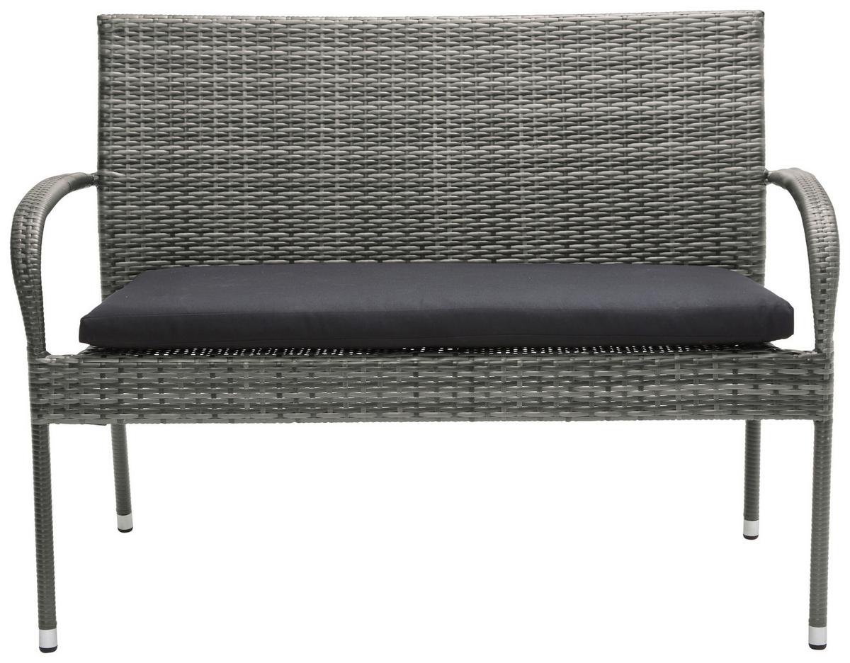 Gartenbank Polyrattan 2-Sitzer Marie inkl. Sitzpolster - Schwarz/Grau, Kunststoff/Textil (120/87/64cm) - Ondega