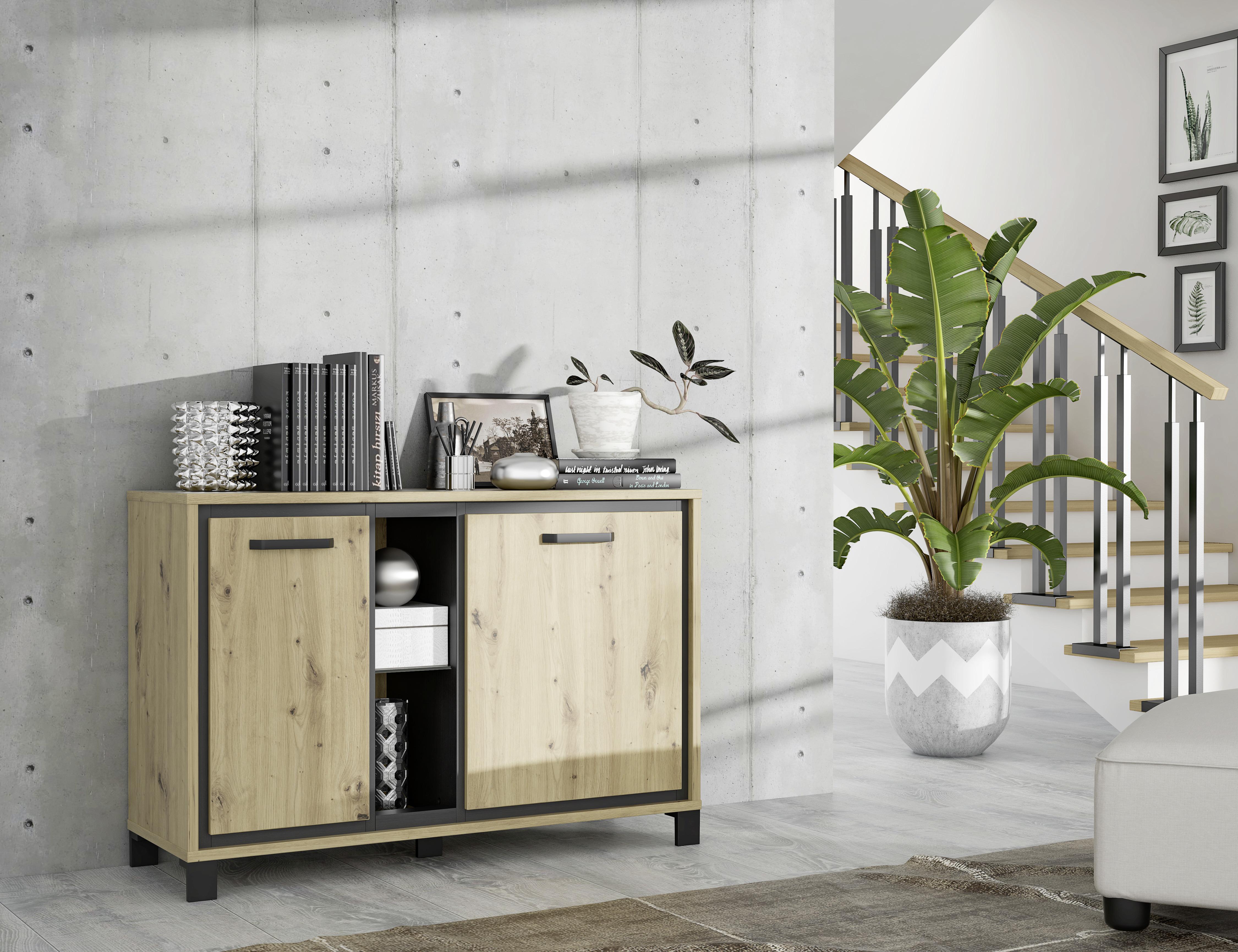 Kommode B: 120,4 cm Trondheim, Eiche Dekor/Schwarz - Eichefarben/Schwarz, Basics, Glas/Holzwerkstoff (120,4/81,3/41,5cm) - Livetastic