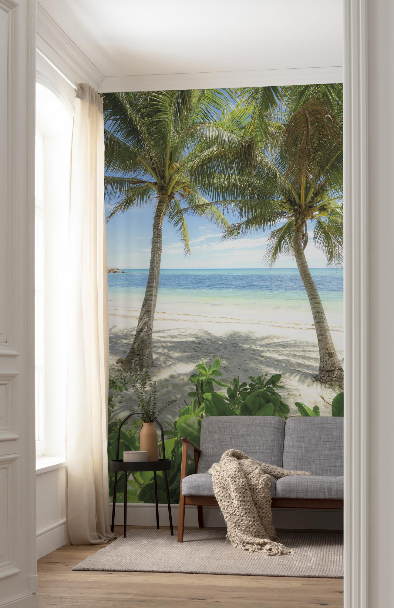 Fototapete Palmy Beach - Blau/Grün, Trend, Textil (200/280cm)
