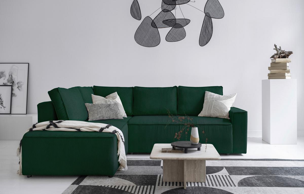 Sedačka OLIVER, levá, tmavě zelená barva - černá/tmavě zelená, Design, textil/plast (194/247cm) - MID.YOU