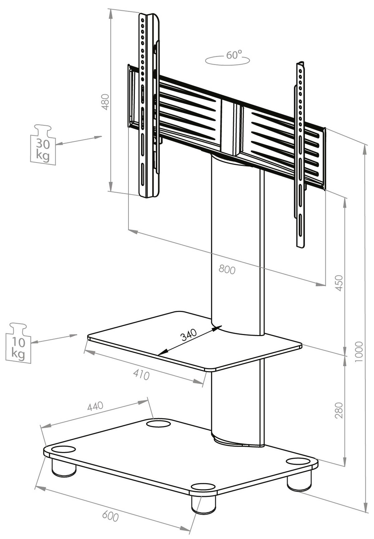 TV-Rack Bis 70“ Schwenkbar + Rollen Tosal Max. 30 Kg - Silberfarben/Schwarz, KONVENTIONELL, Glas/Metall (60/100/44cm) - MID.YOU
