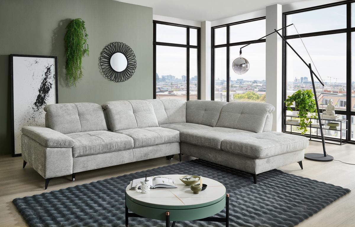 Sedačka SORENA L, pravá, sv.šedá žinylka, s funkcemi - černá/světle šedá, Moderní, kov/textil (311/255cm) - Premium Living