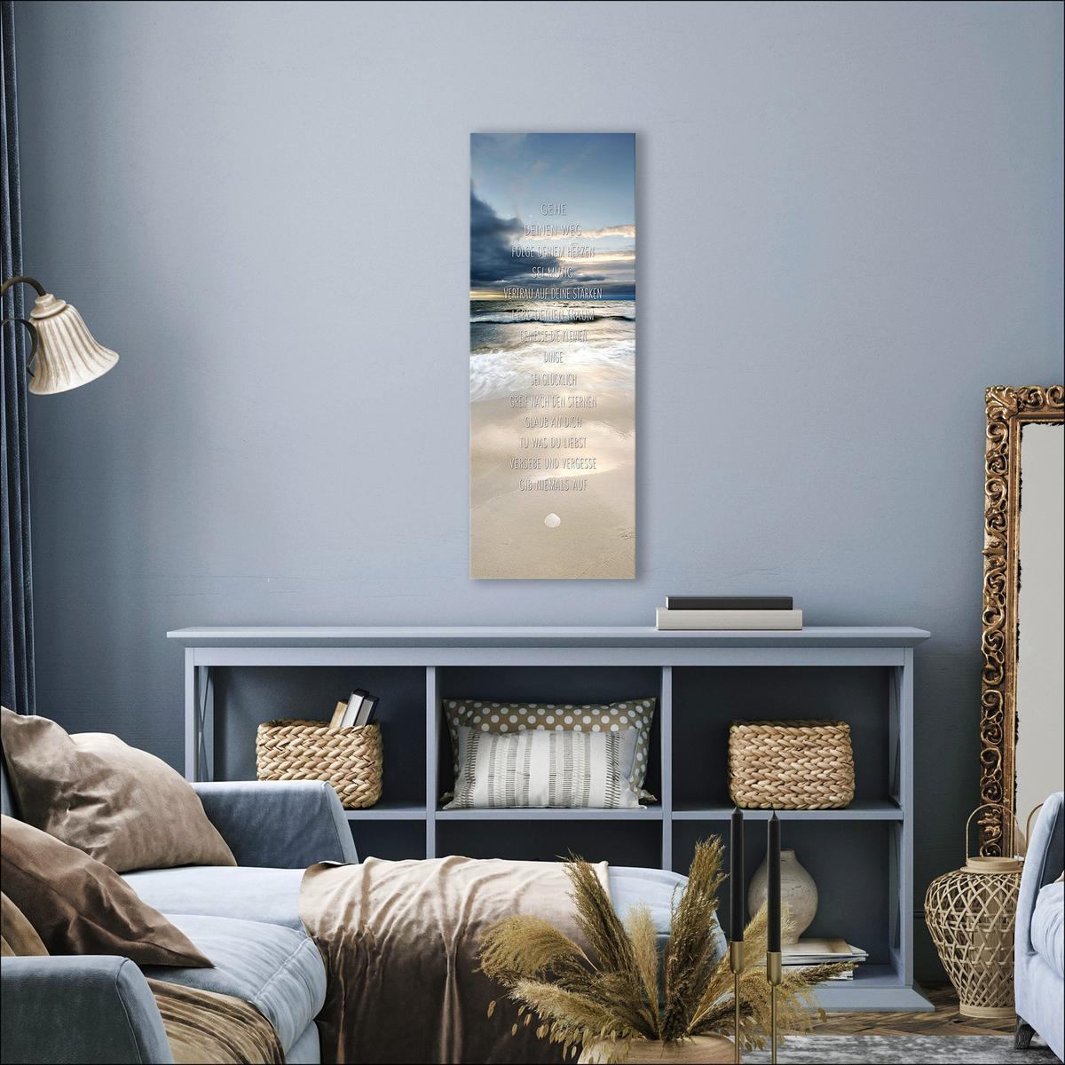 Leinwandbild Geh Deinen Weg Meermotiv Mit Spruch 27x77 cm - Blau/Beige, Basics, Holzwerkstoff (27/77/2cm)