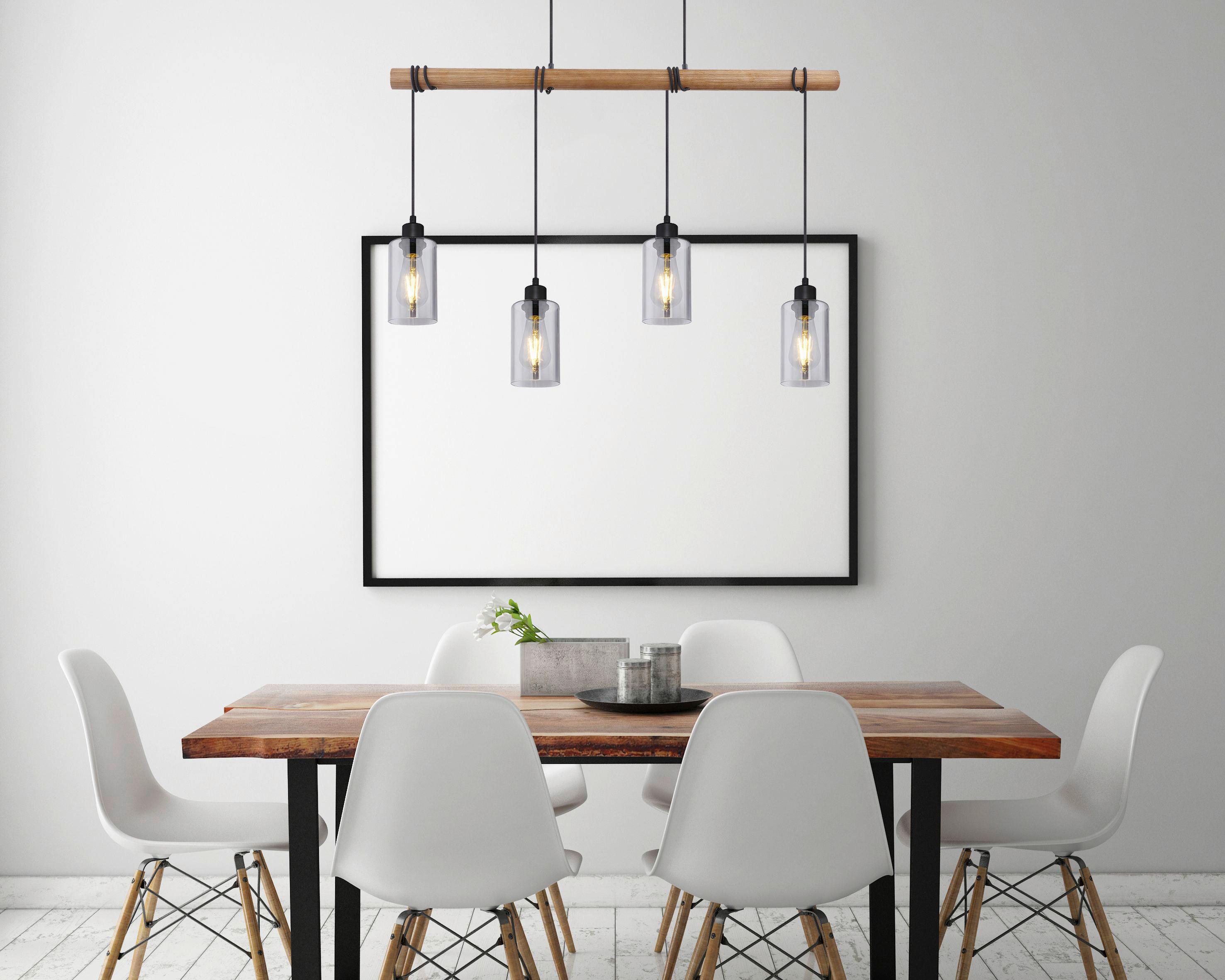 Hängeleuchte Hadera H: 130 cm 4-Flammig, Rauchglas - Schwarz/Braun, Natur, Glas/Holz (98/15/130cm) - Globo