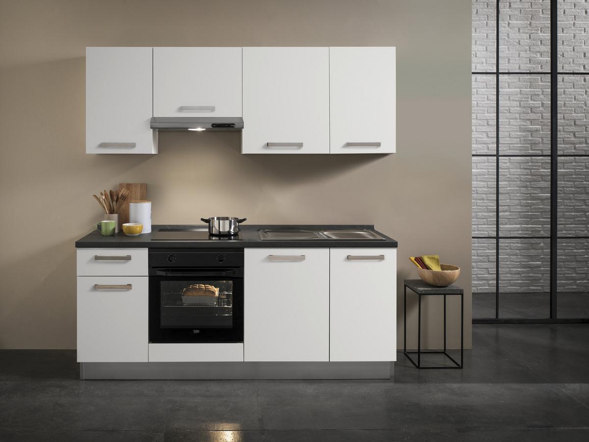 Küchenzeile Belluna mit Geräten 210 cm Weiß/Grau Elegant - Dunkelgrau/Alufarben, Basics, Holzwerkstoff/Kunststoff (210/88/60cm) - MID.YOU