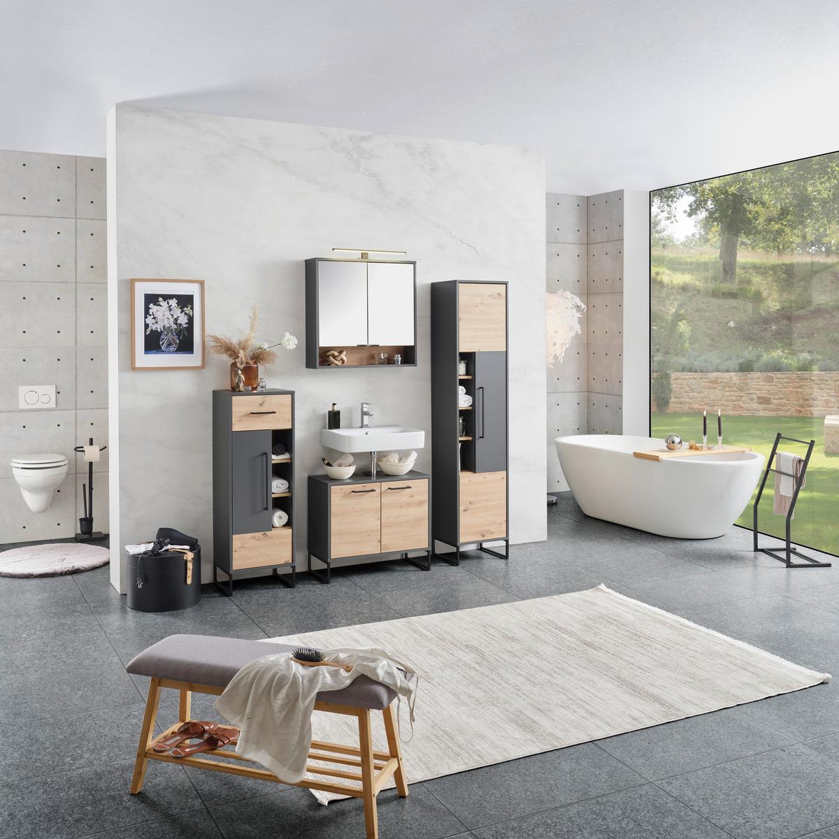 Badezimmer Fabio Eiche Dekor/Anthrazit B: 150cm - Anthrazit/Eiche Artisan, MODERN, Glas/Holzwerkstoff (150/170/33cm)