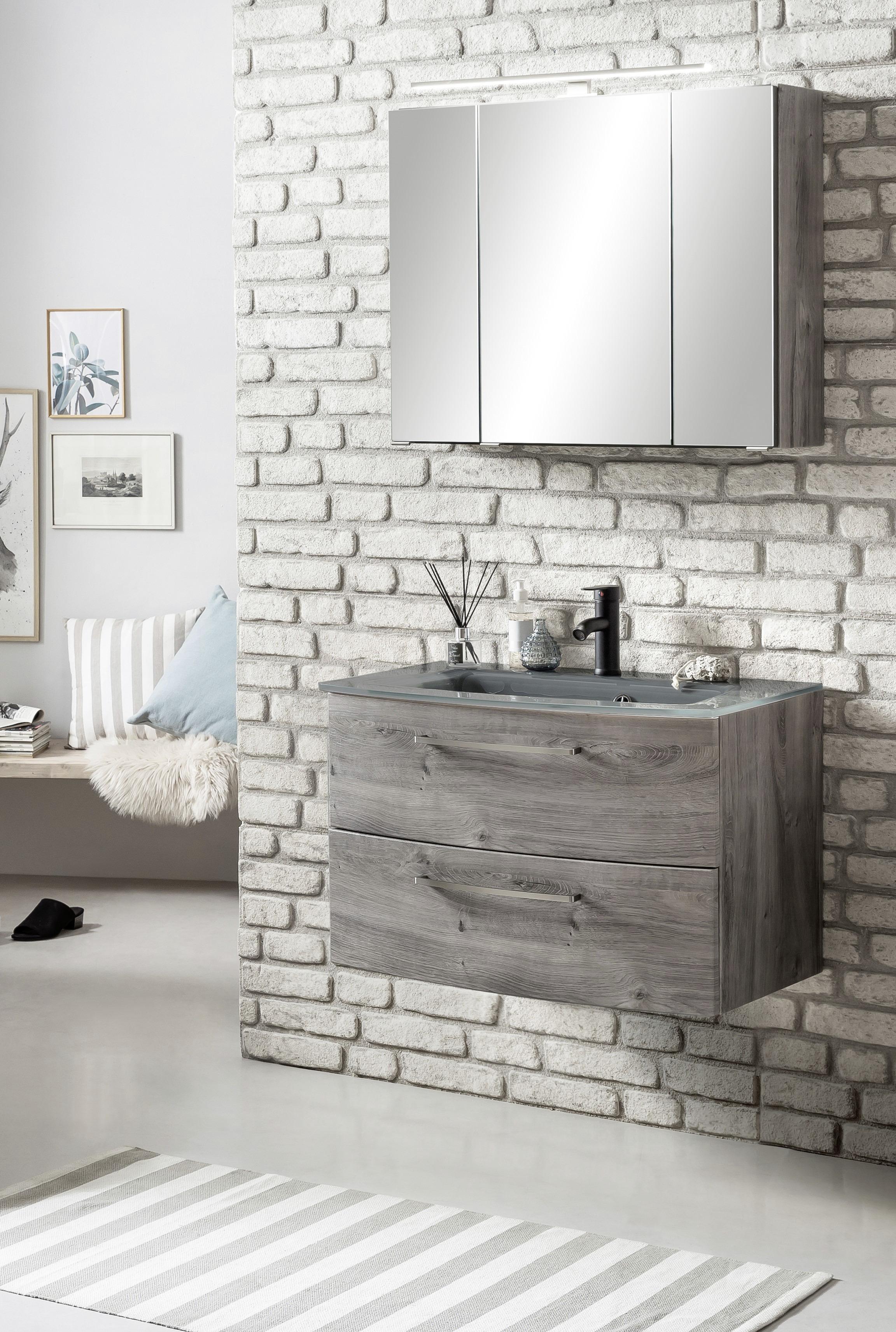 Badmöbel-Set 3-Tlg. inkl. LED Stockholm 80cm Grau - Eichefarben/Grau, KONVENTIONELL, Glas/Holzwerkstoff (80cm) - Held