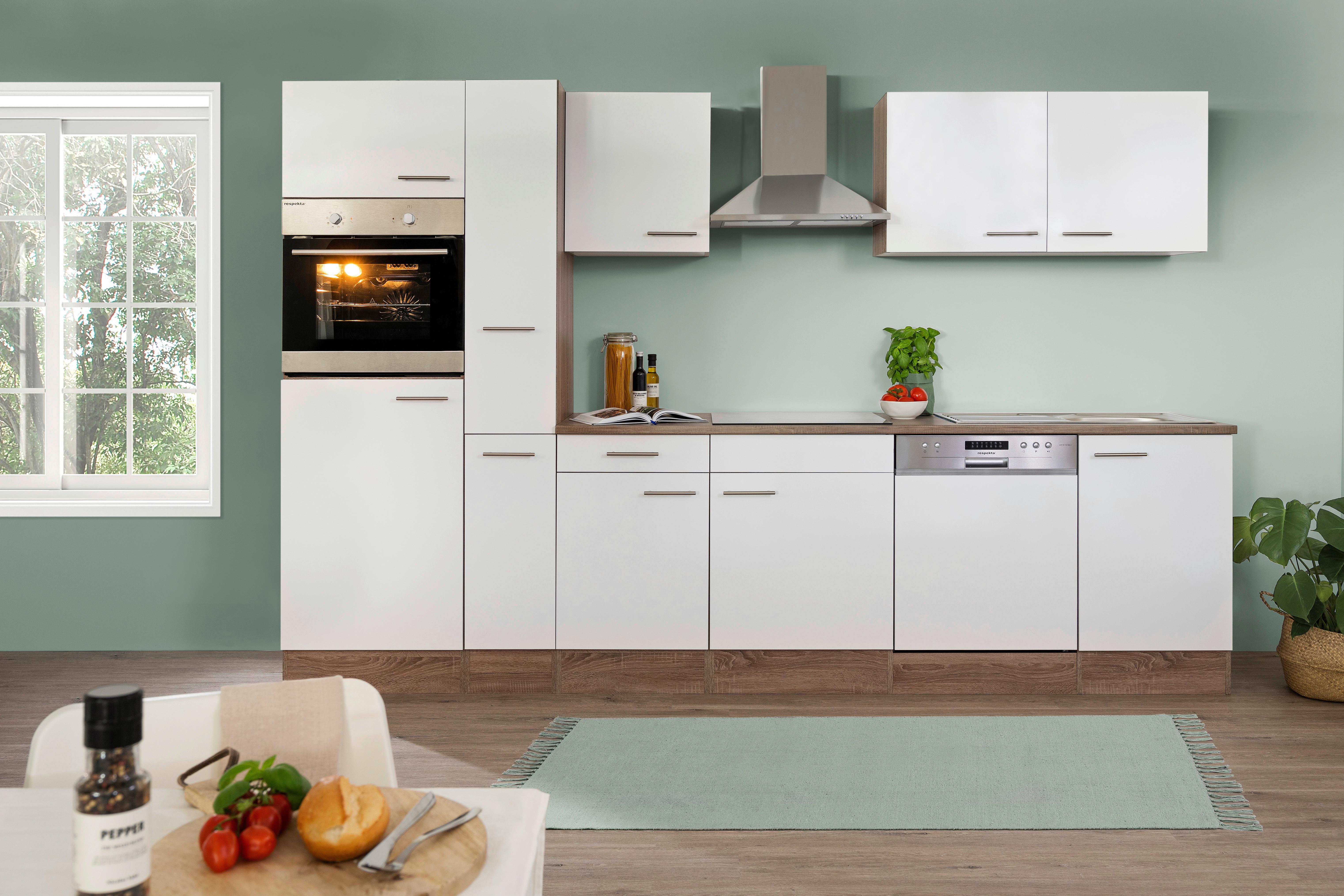 Küchenzeile mit Geräten B: 310 cm Weiß/Eiche Dekor - Eichefarben/Weiß, Design, Holzwerkstoff (310cm) - Respekta
