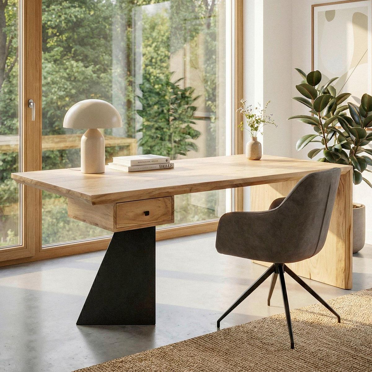SCHREIBTISCH Echtholz Akazie B: 180cm - Schwarz/Akaziefarben, Design, Holz/Metall (180/77/90cm) - Livetastic