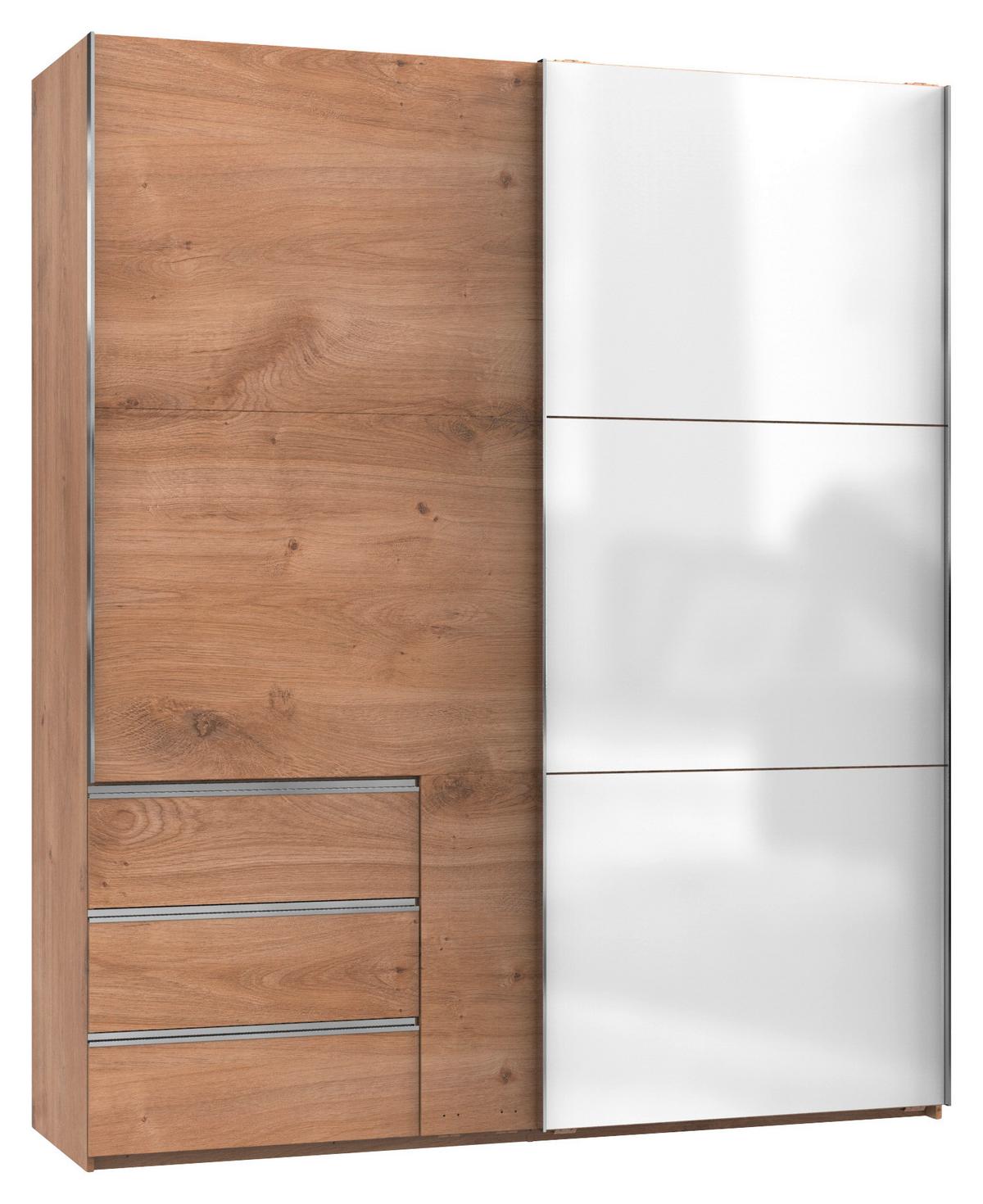 Skriňa s posuvnými dverami Level 36 C, biele sklo/dub - biela/farba duba, Konventionell, kov/kompozitné drevo (200/236/65cm)