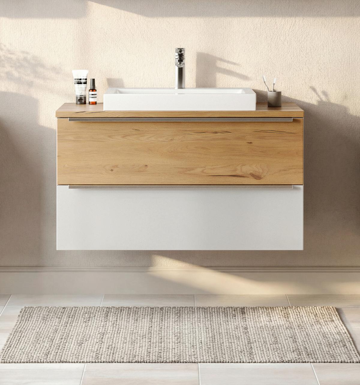 WASCHTISCHKOMBI Verona Weiß/Wildeiche B: 100cm - Wildeiche/Weiß, Trend, Holzwerkstoff/Stein (100/63/47cm) - Held