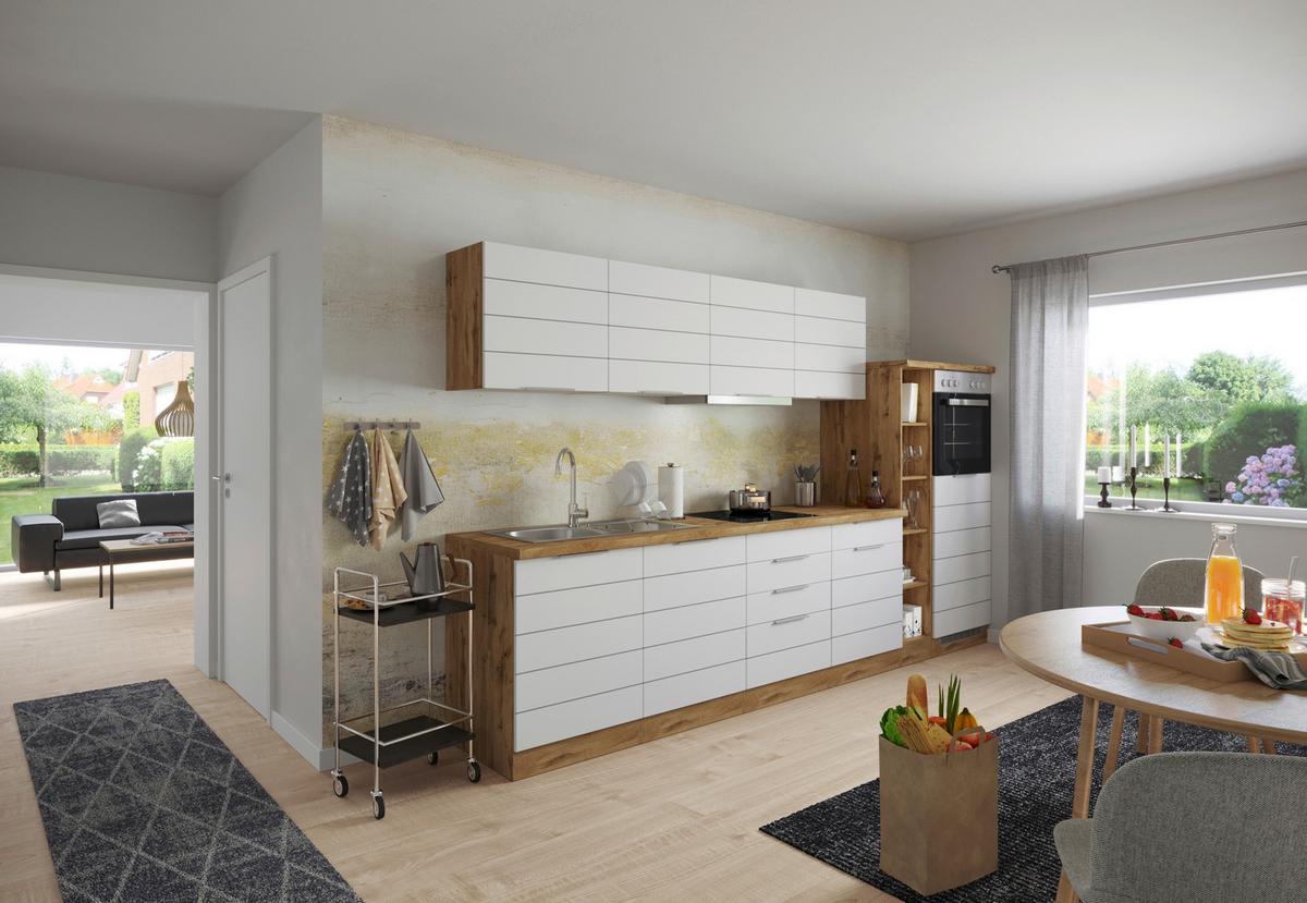 Küchenzeile Florenz ohne Geräte 330 cm Weiß/Eichef. - Eiche Wotan/Weiß, Design, Holzwerkstoff (330cm) - Held
