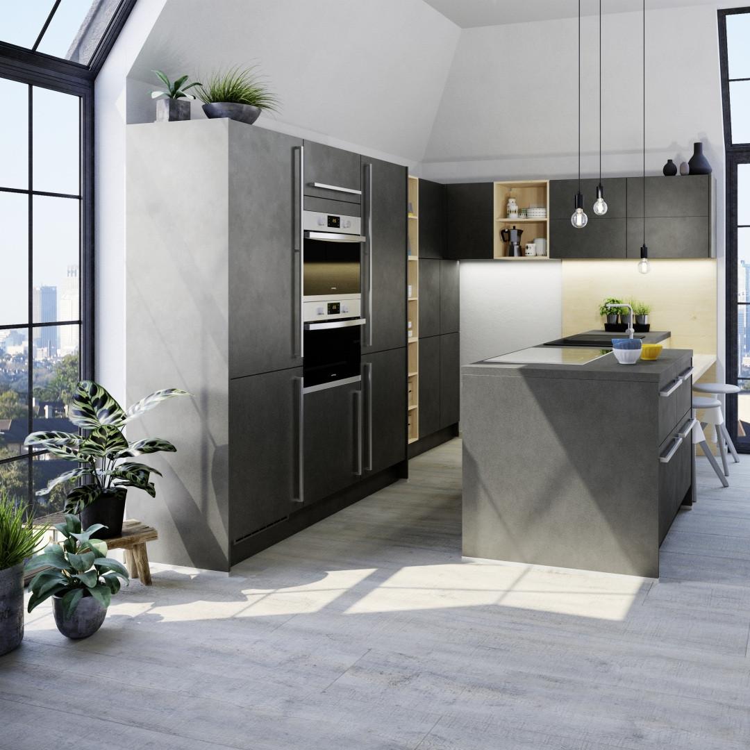 Einbauküche Base Frei Planbar Modern, grifflos - Eichefarben/Anthrazit, MODERN, Holzwerkstoff - Express