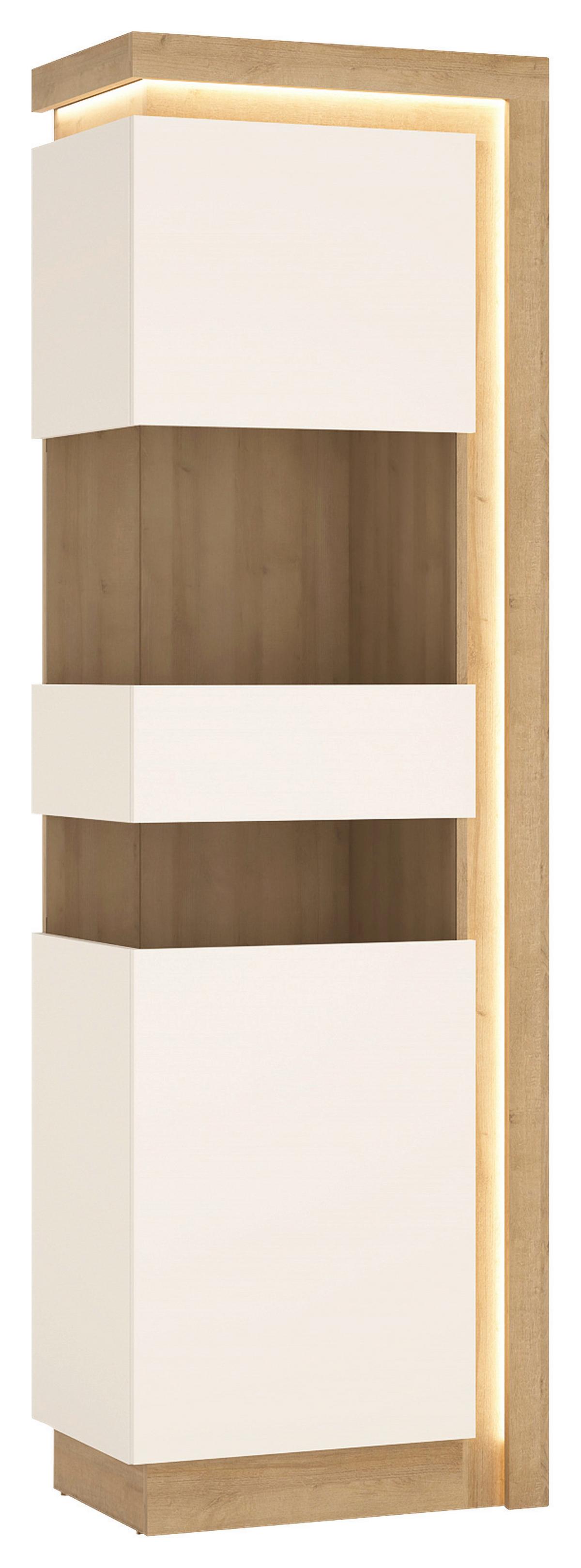 Vitrine Lyon Hell Weiß/Eichefarben B: 60 cm - Weiß Hochglanz/Eichefarben, Trend, Glas/Holzwerkstoff (59,7/198,1/42cm)