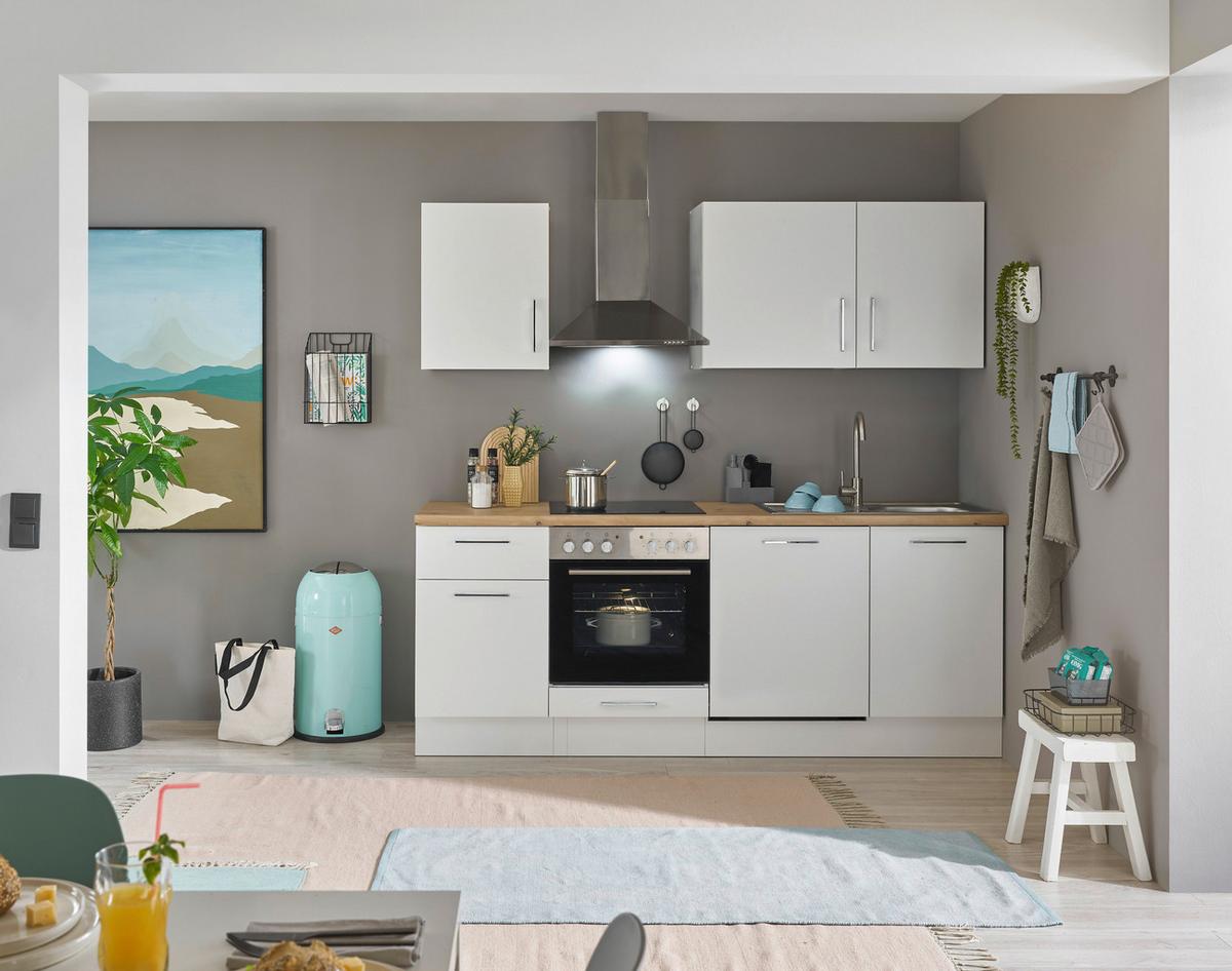 Kuchynský blok TURIN bez spotrebičov, šírka 220 cm - biela/chrómová, Trend, kov/kompozitné drevo (220cm) - MID.YOU