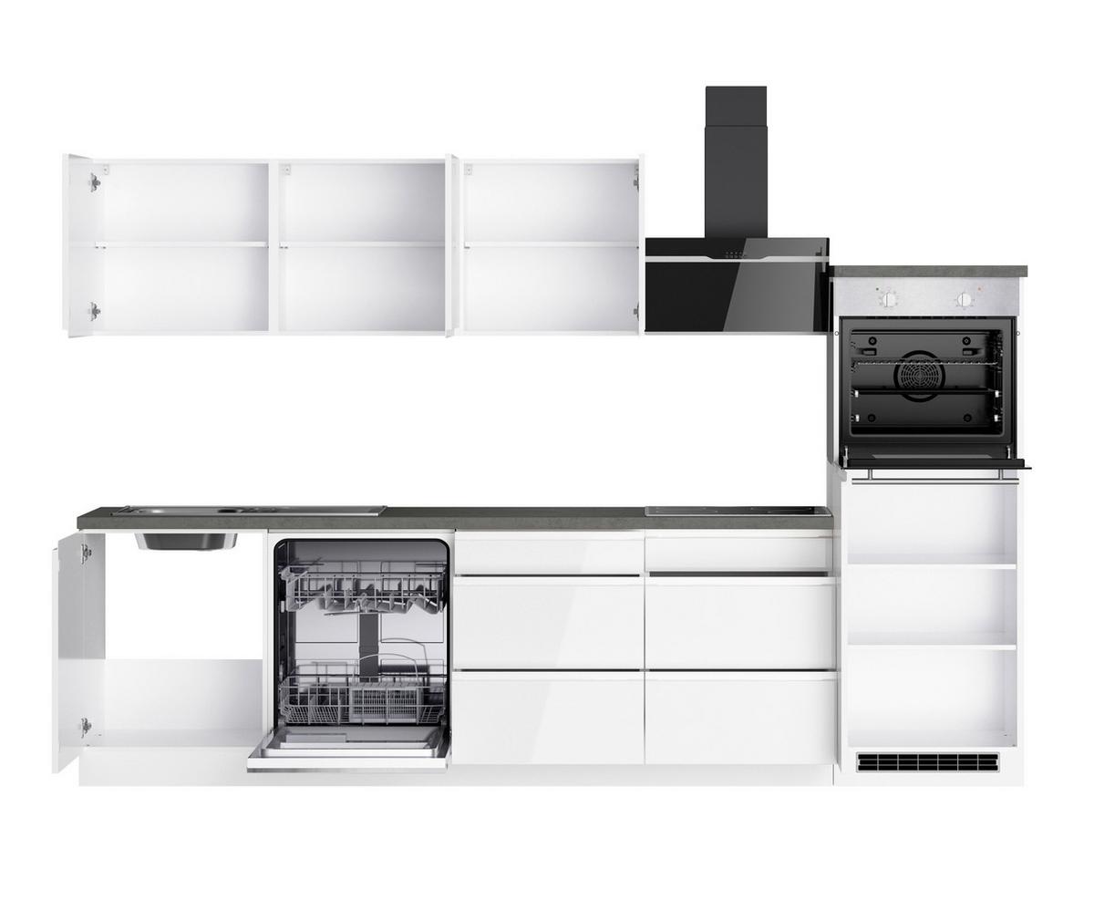 Küchenzeile Monza mit Geräten B: 300 cm Weiß/Grau + Spüle - Weiß Hochglanz/Weiß, LIFESTYLE, Holzwerkstoff (300cm) - Held