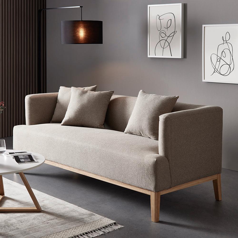 Pohovka s polštáři MINA béžová - přírodní barvy/béžová, Moderní, dřevo/textil (190/78/81cm) - Bessagi Home